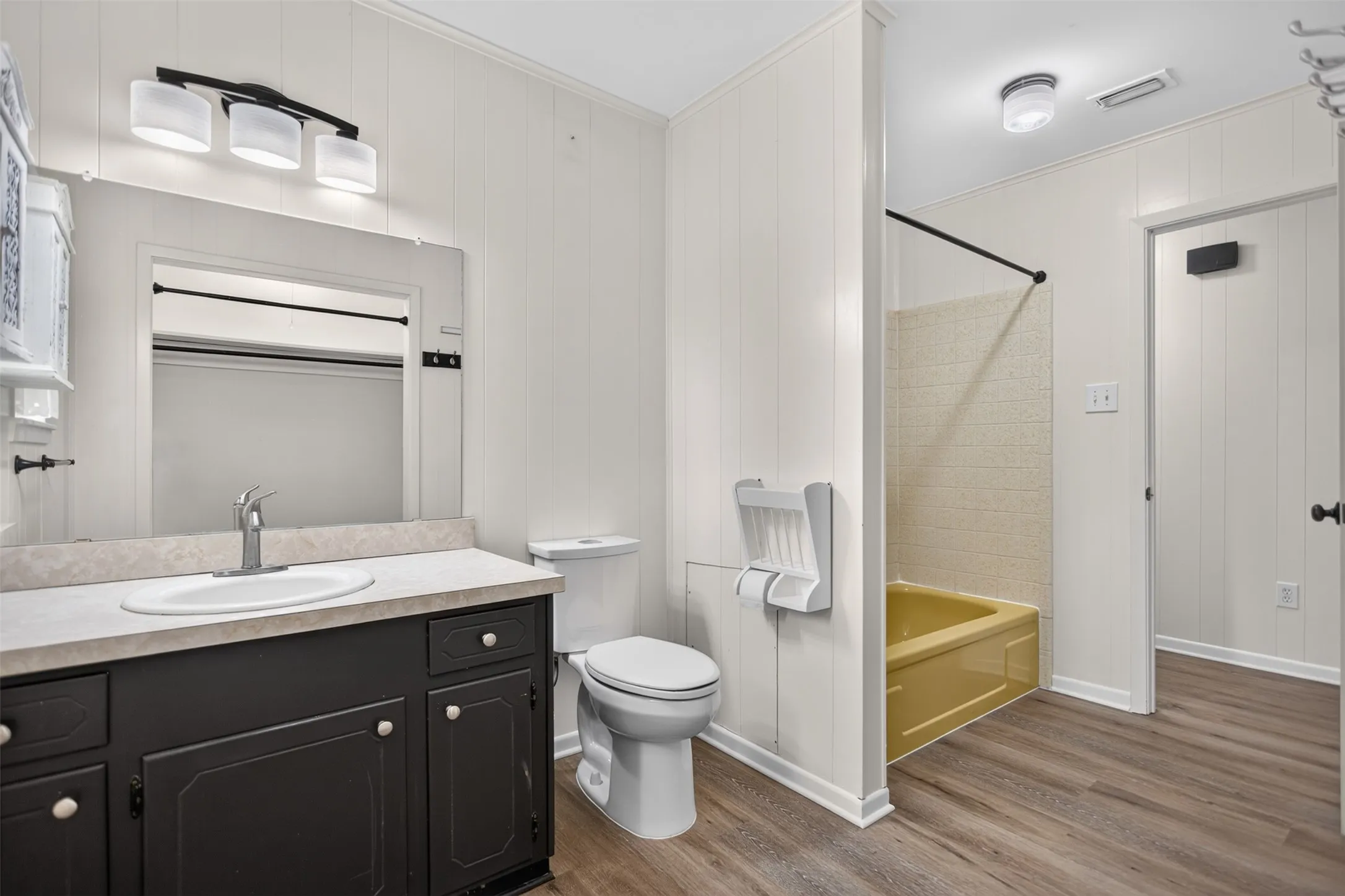 Vanity with integrated sink, paneling, built-in medicine cabinet, and wood-finish flooring