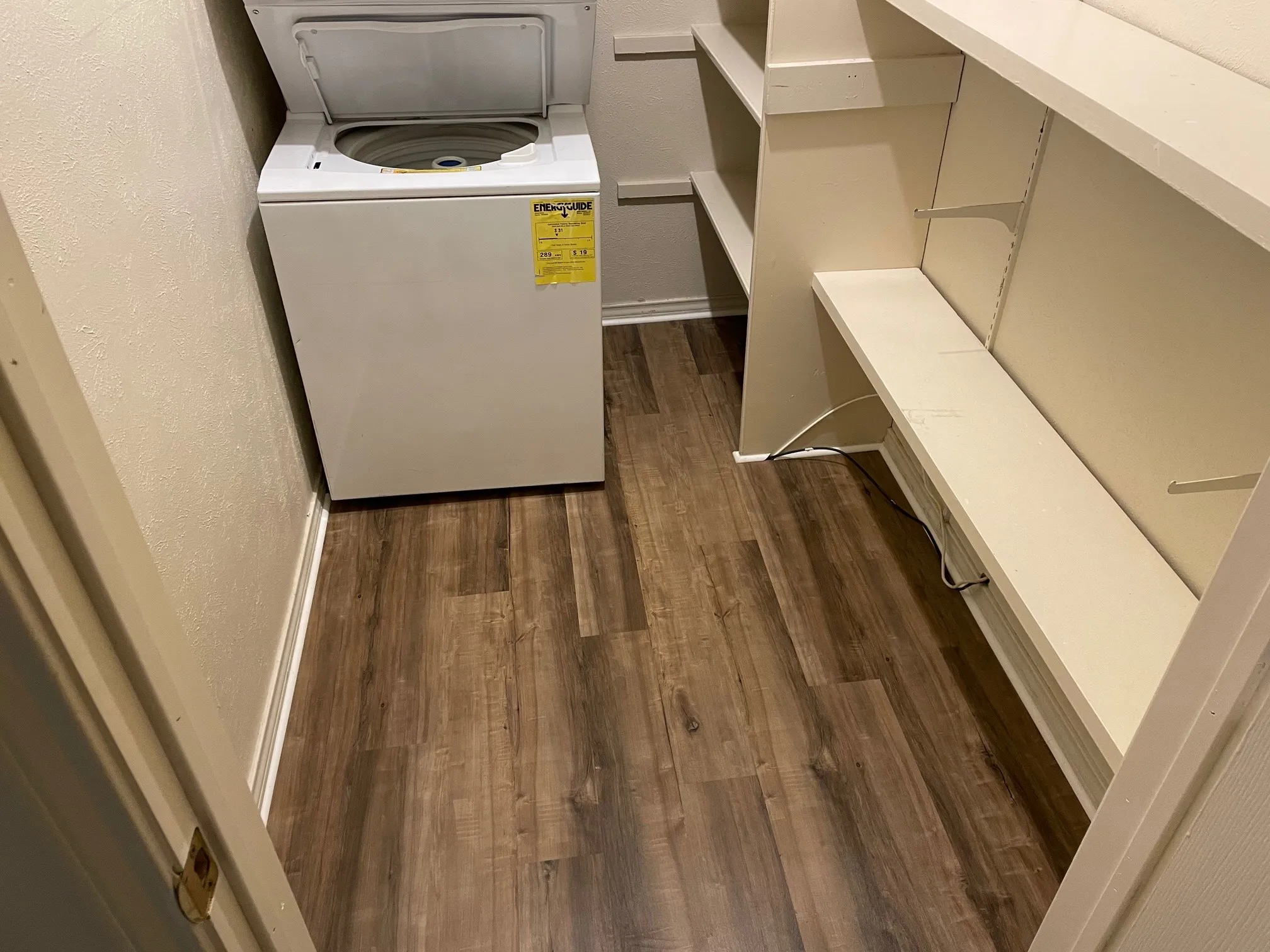 Wood-finish flooring with built-in shelving