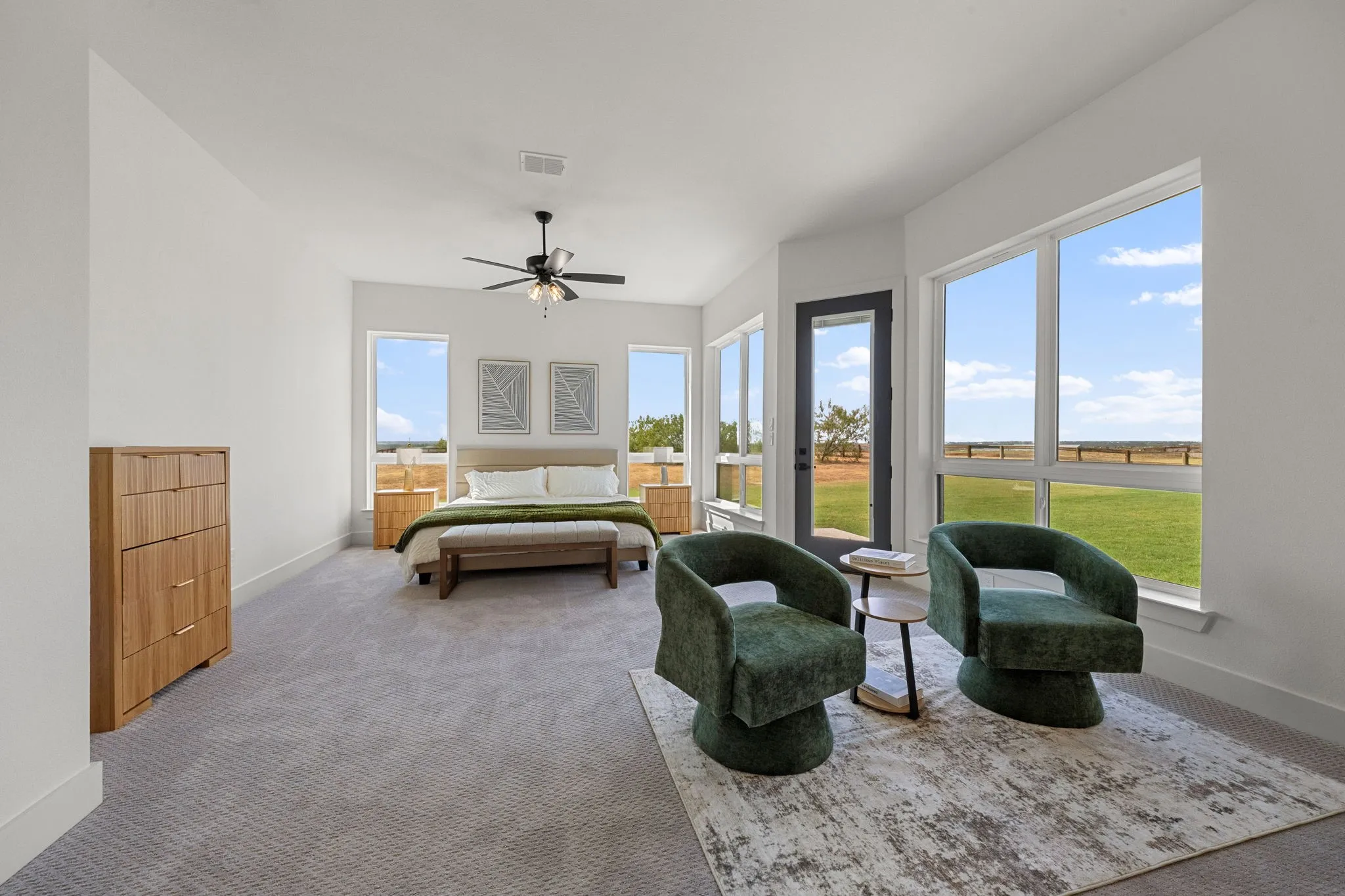 Spacious room with large windows, a ceiling fan, and carpeted flooring