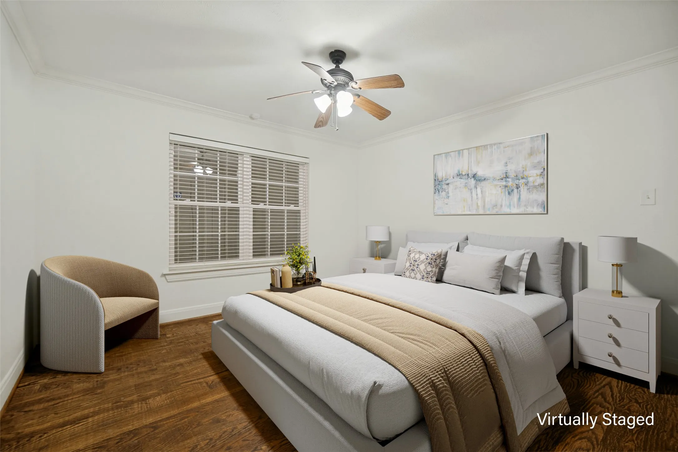 Wood-finish flooring, crown molding, double-paned window, and a ceiling fan with integrated lighting