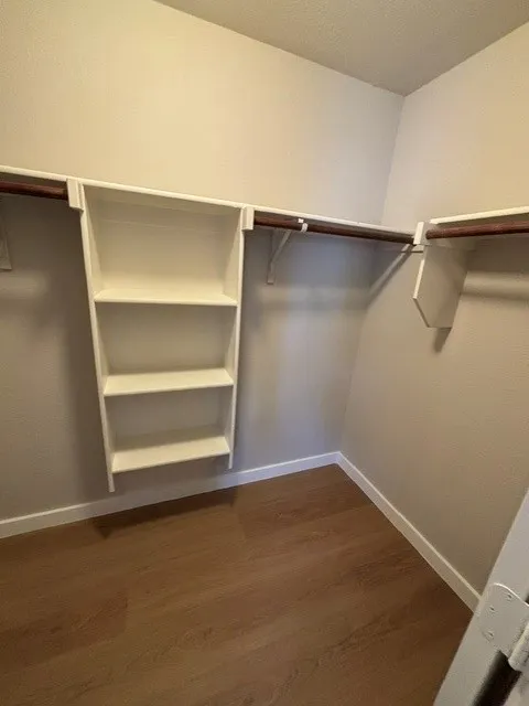 Walk-in closet featuring integrated shelving, dual clothes rods, and wood-finish flooring