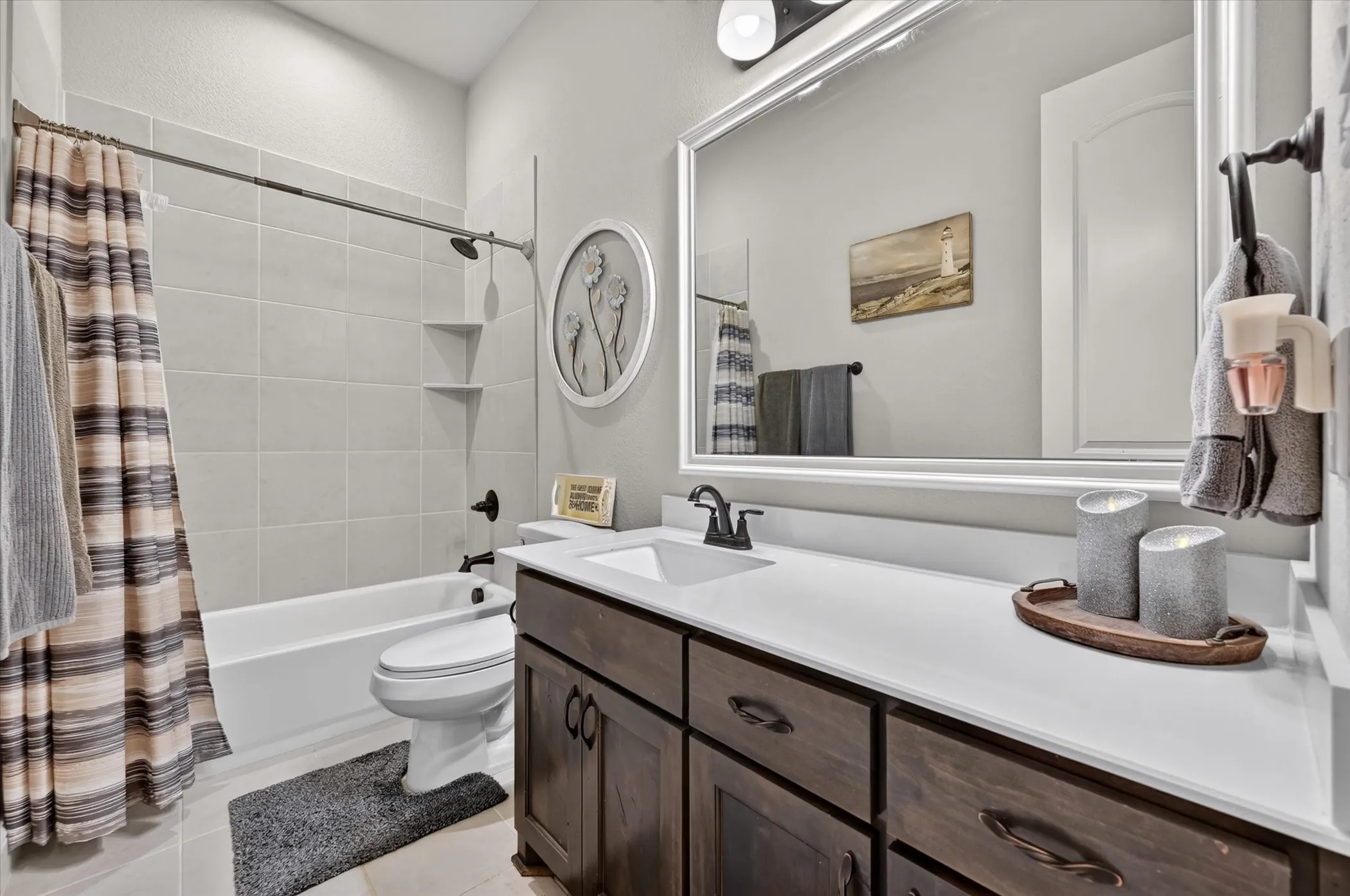 White vanity countertop with an integrated sink
