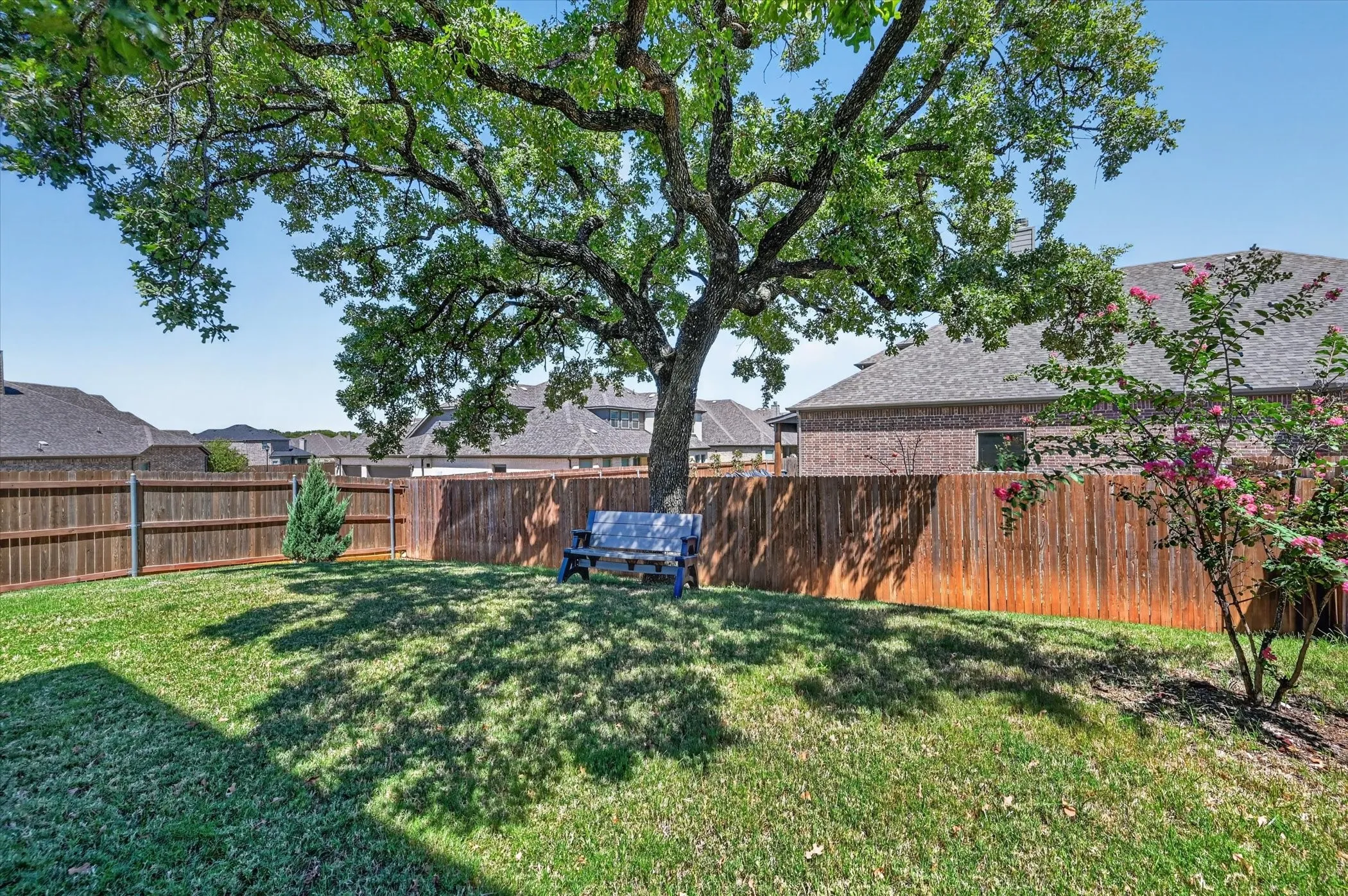 Expansive lawn with a mature tree, privacy fencing, and established landscaping