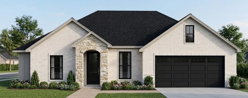 White brick exterior with stone archway entry, dark shingle roof, black-framed windows, and a two-car garage