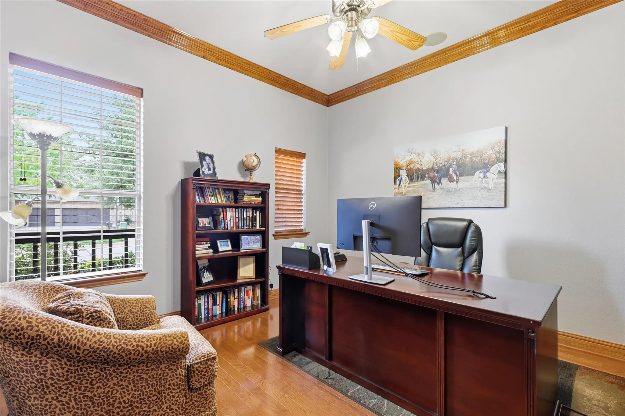 Work from home in style in this dedicated front office, filled with natural light and tucked away for privacy and productivity.