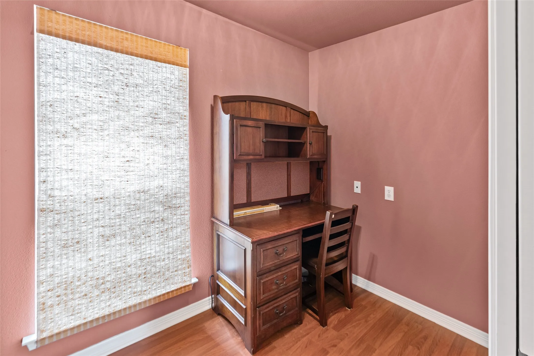 Wood-finish flooring with white trim