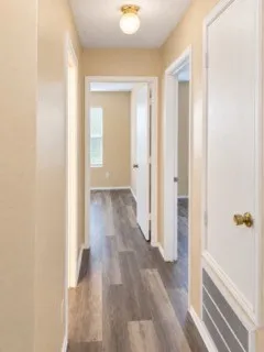Hallway featuring wood-finish flooring, light-toned wall paint, white trim, and a ceiling-mounted light fixture