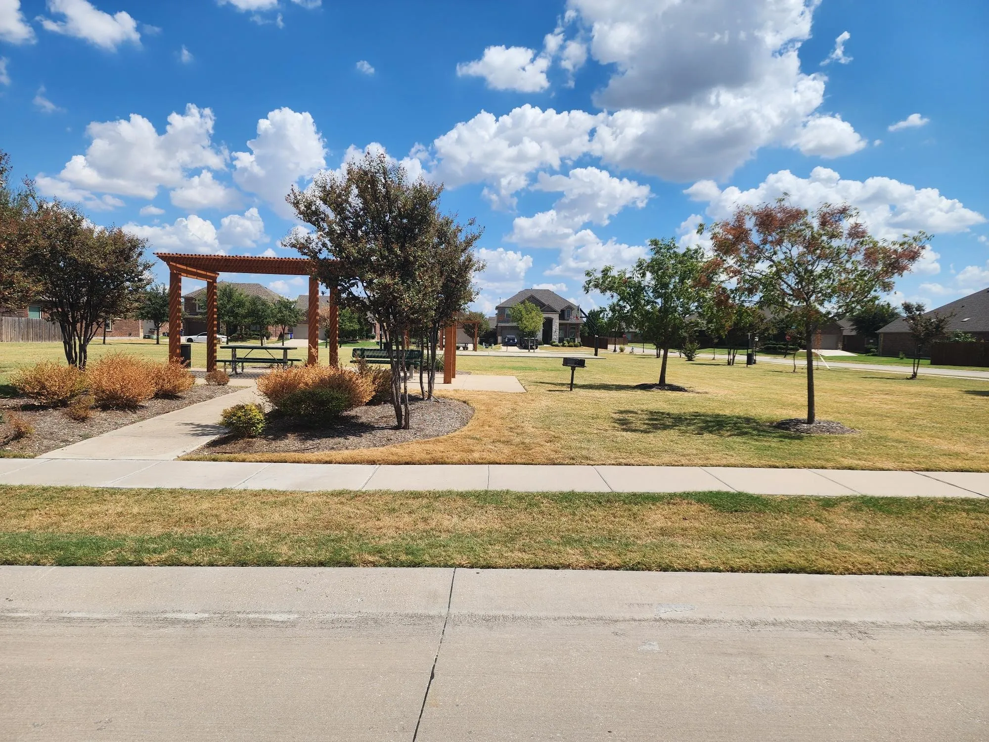 Community green space featuring a wooden pergola, concrete pathways, mature trees, and landscaped shrubbery