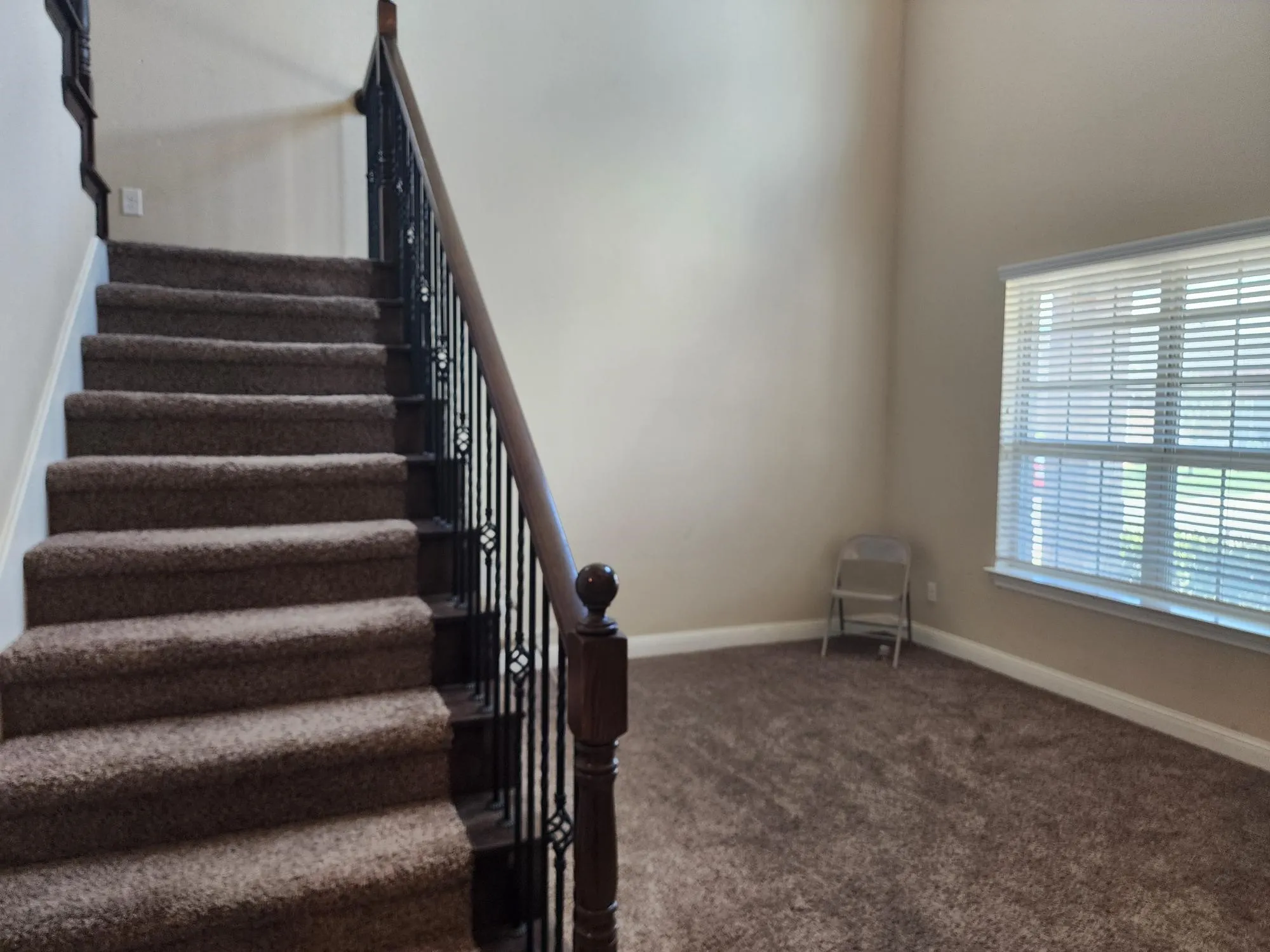 Carpeted staircase with decorative wrought iron balusters and a dark wood-finish handrail