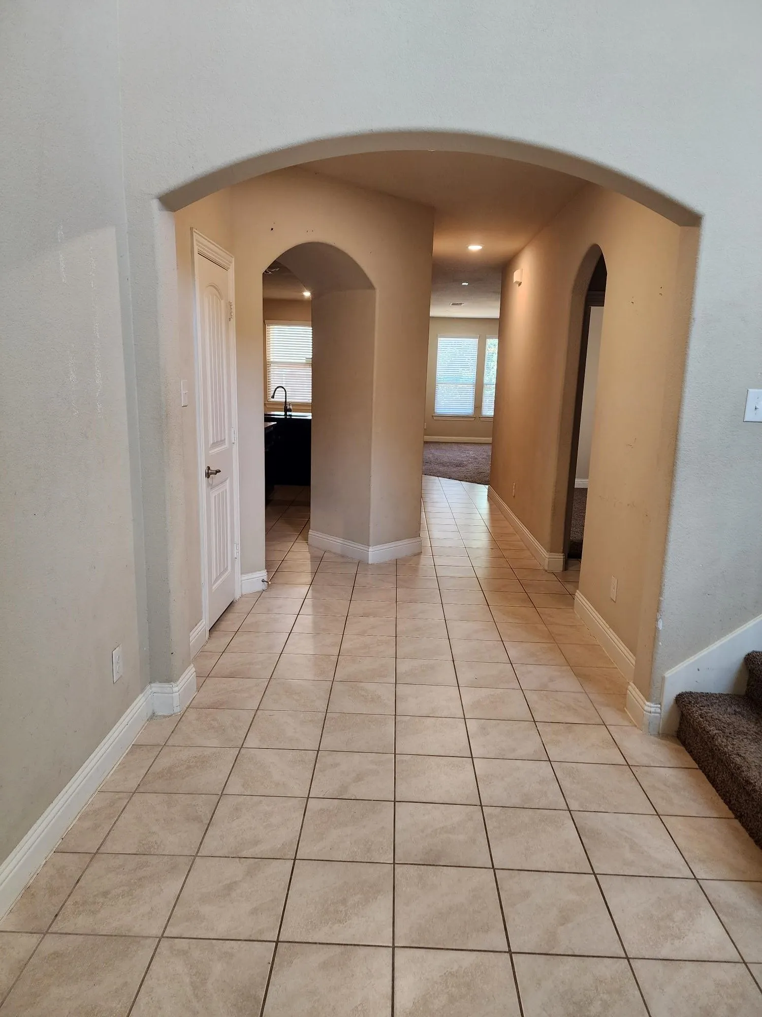 Carpeted staircase featuring wood newel posts and handrails with wrought iron balusters