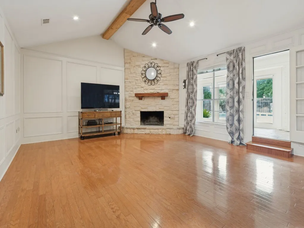Living Room with Corner Fireplace