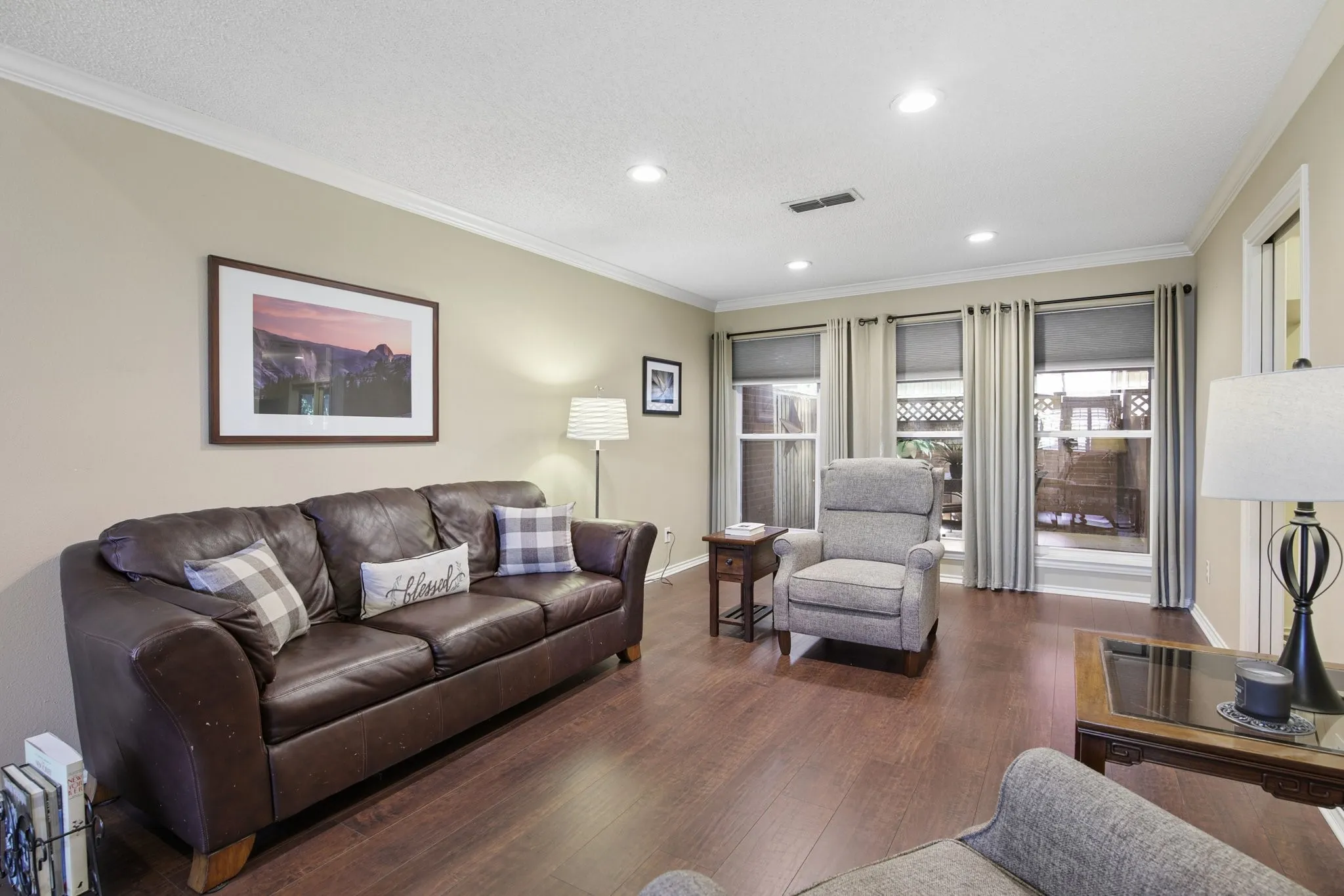 Recessed lighting and crown molding hardwood flooring