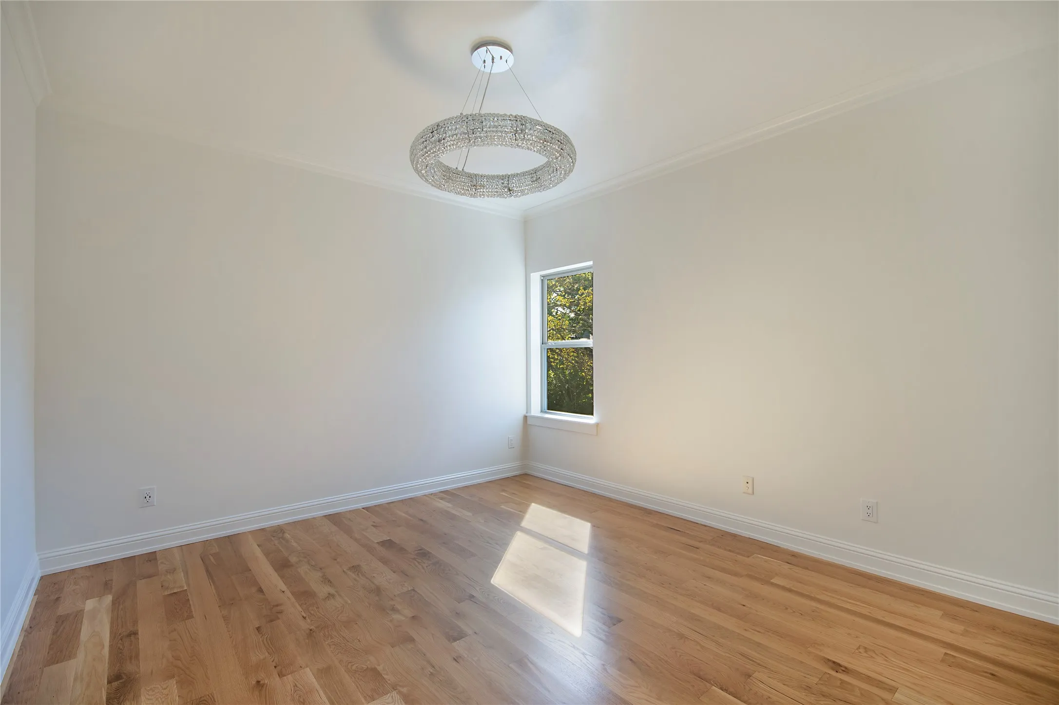 Hardwood flooring, crown molding, and a contemporary circular chandelier