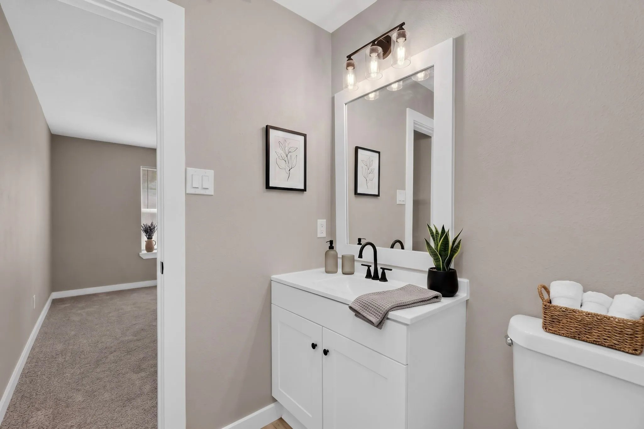 Primary Bathroom New Vanity New Toilet, New Fixtures Virtually Staged