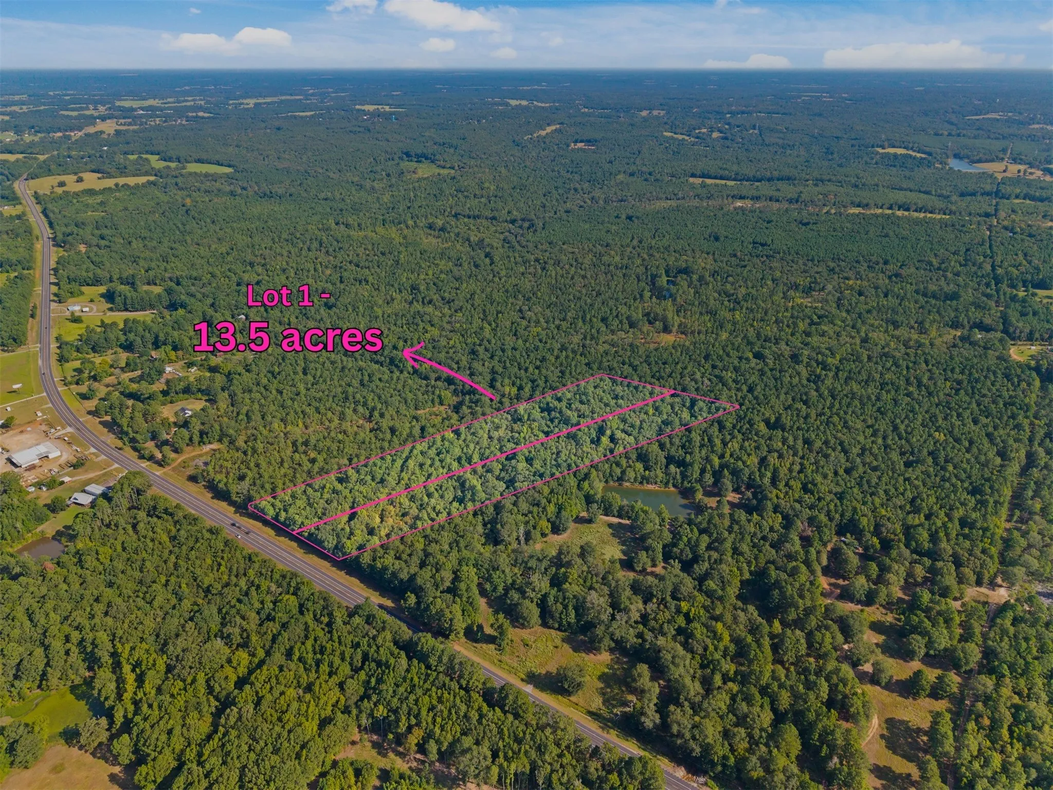Expansive wooded acreage with a defined boundary, featuring a small pond and highway frontage