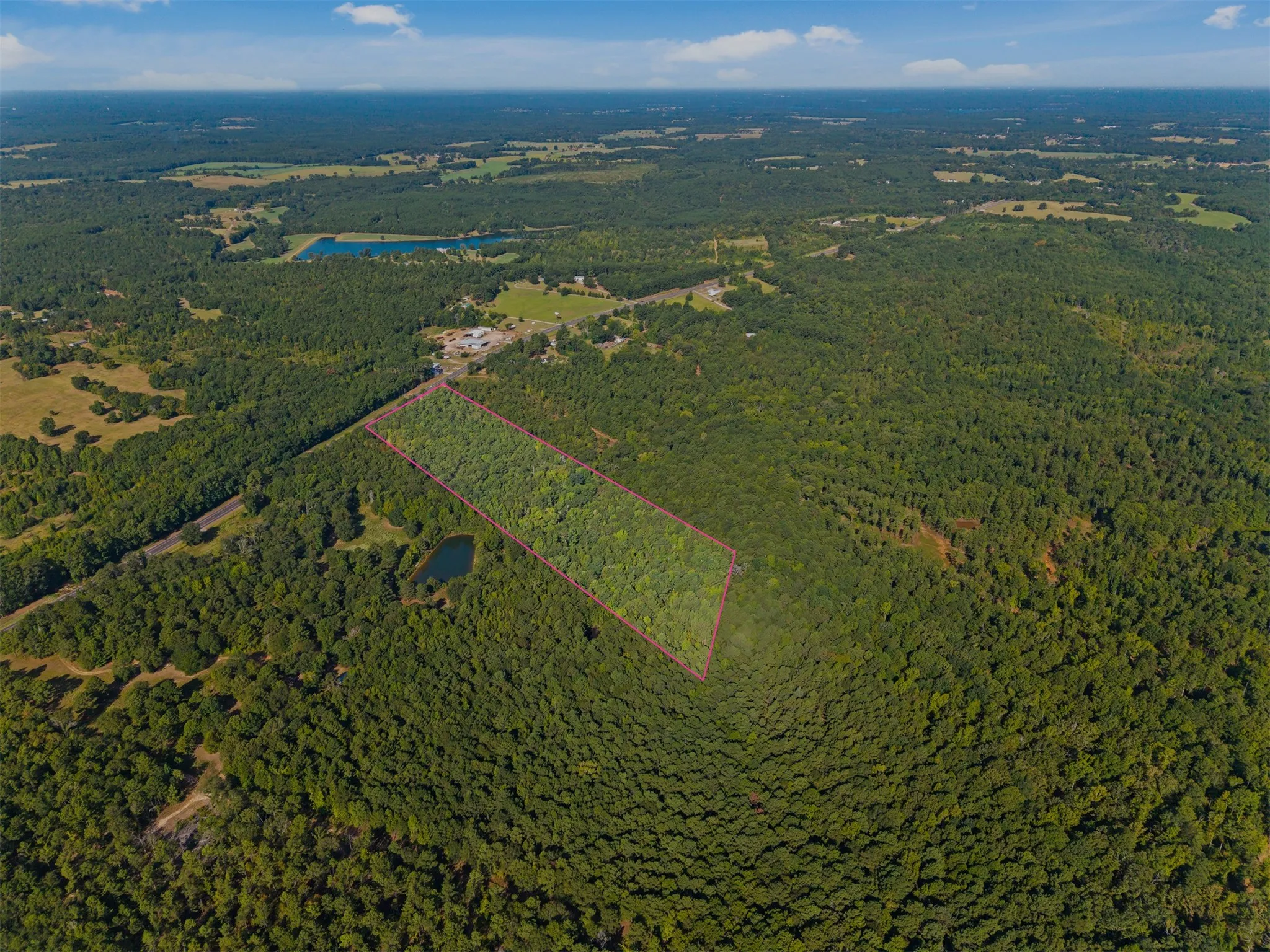 Expansive land parcel featuring dense tree coverage, a small pond, and clear property boundary markings