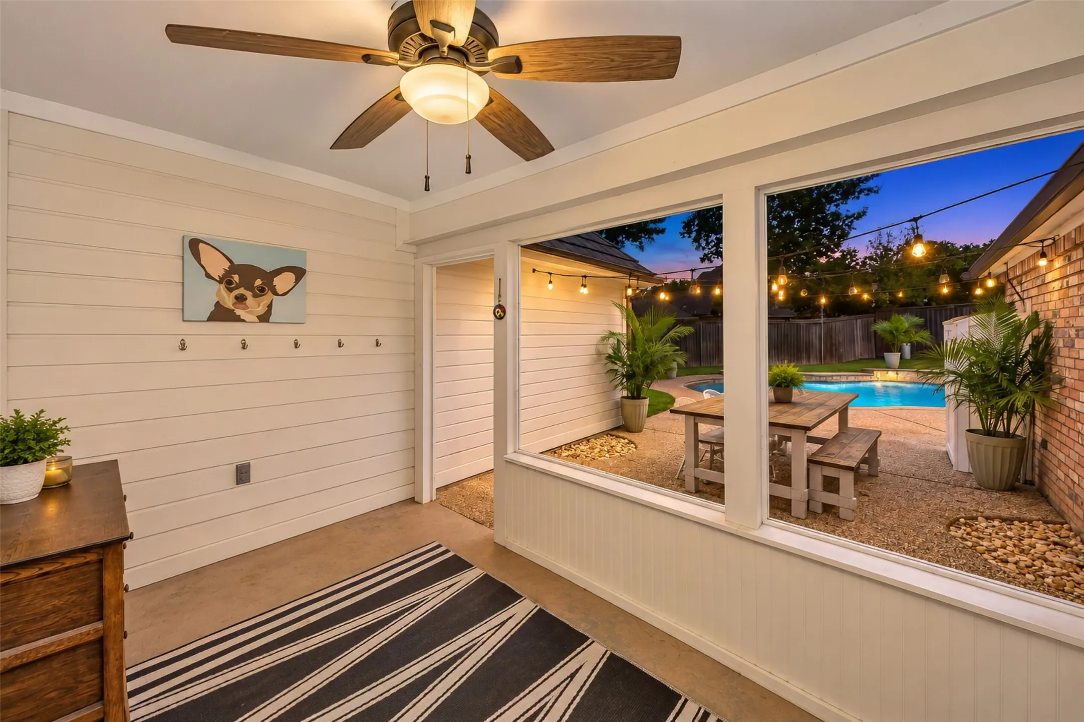 Evening overlooking the lighted court yard and pool.