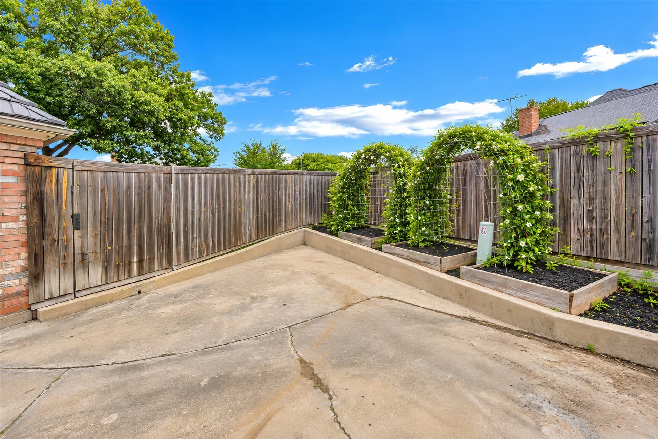 Extra parking with built in raised beds. What would you plant on these trellis?