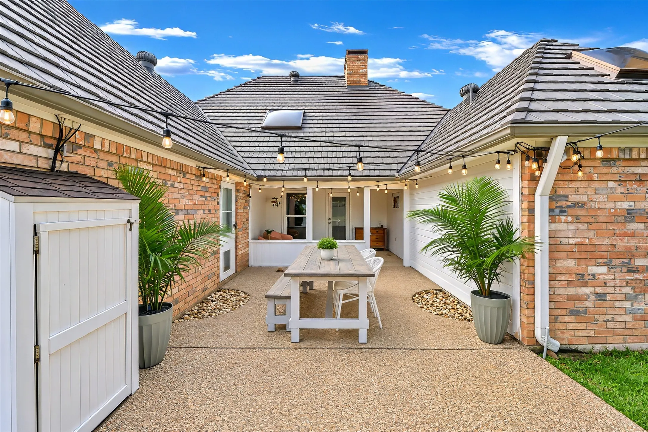 Lighted courtyard provides a space for festive entertaining year round.