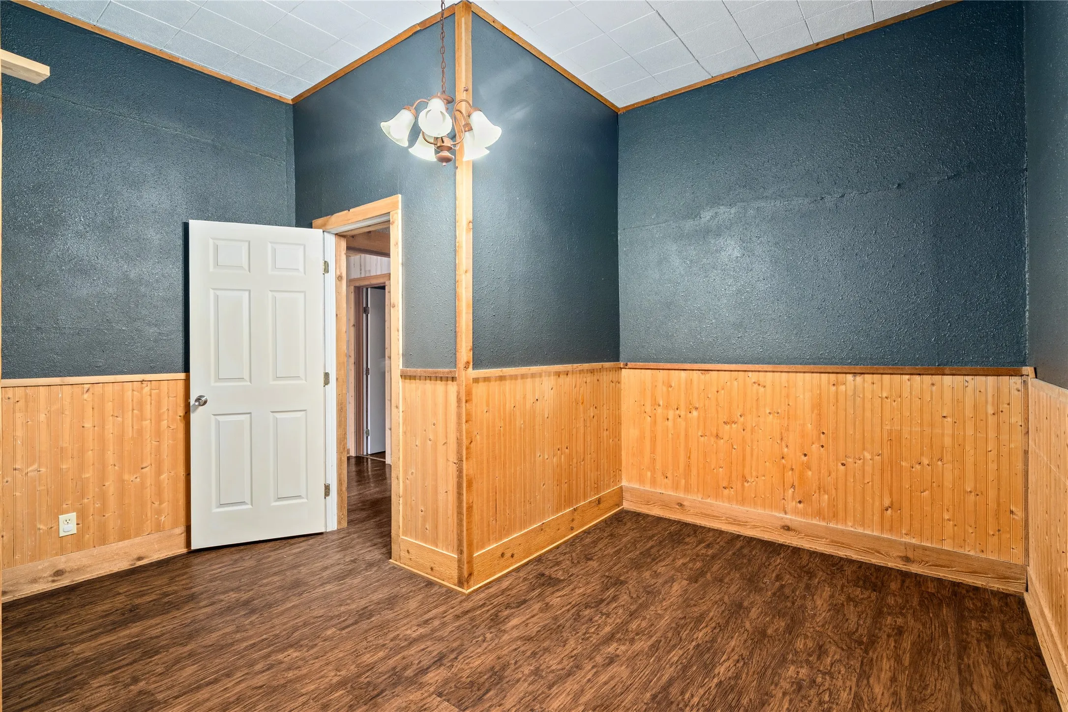 Wood-finish flooring, beadboard wainscoting, and a paneled interior door