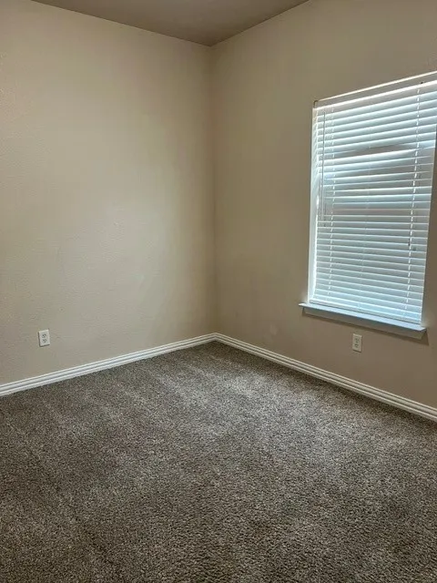 Window with horizontal blinds, neutral wall paint, and textured carpeting