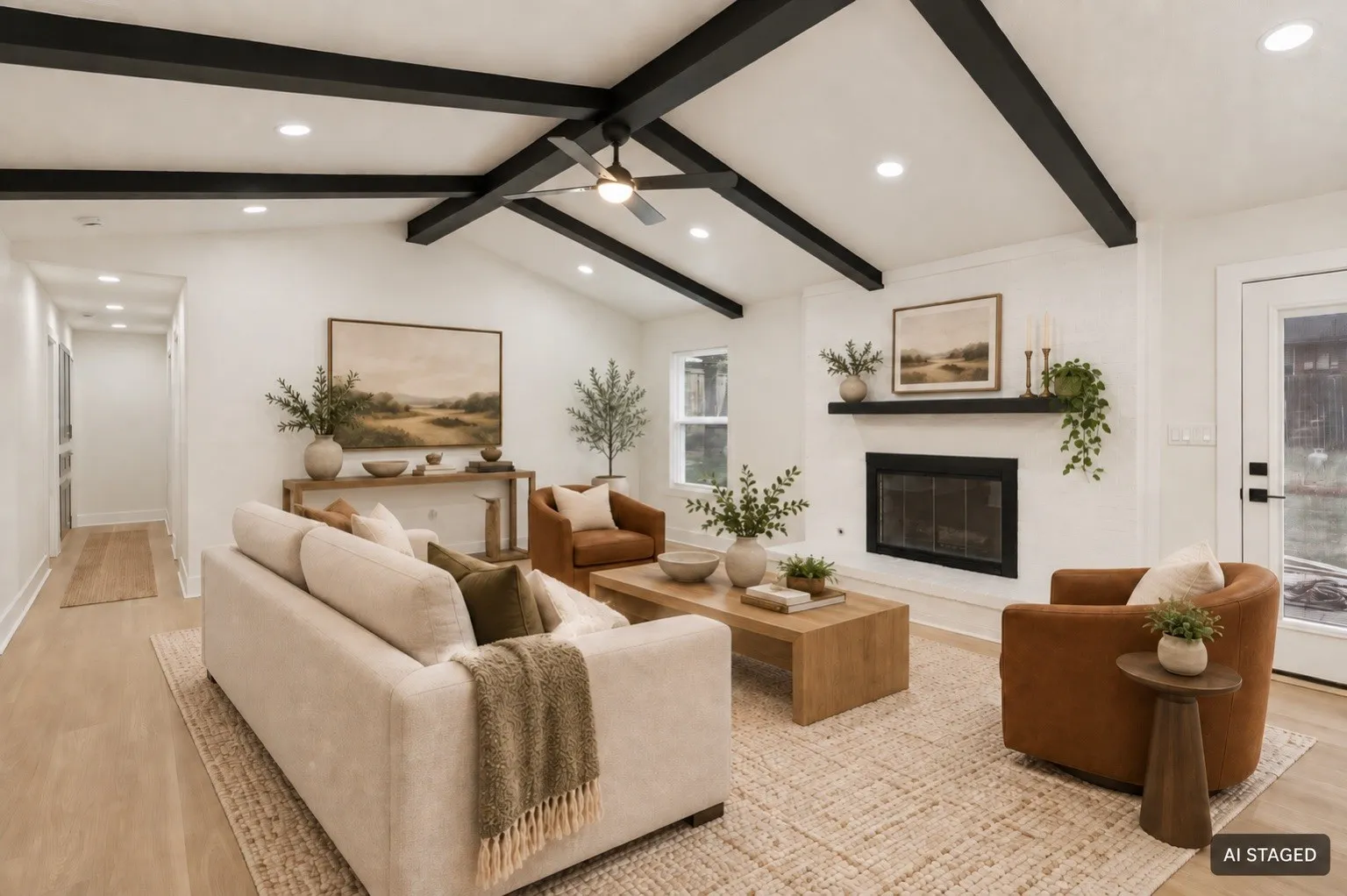 Vaulted ceiling with exposed beams, recessed lighting, wood-finish flooring, and a fireplace with a mantel