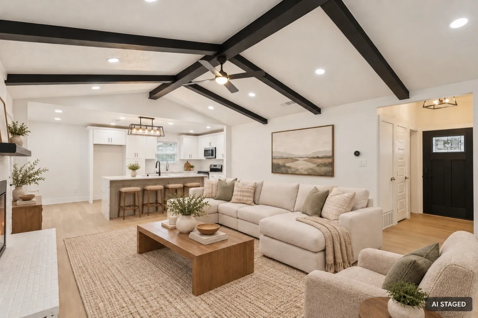 Vaulted ceiling with exposed wood beams, wood-finish flooring, recessed lighting, white shaker cabinetry, and a kitchen island with seating