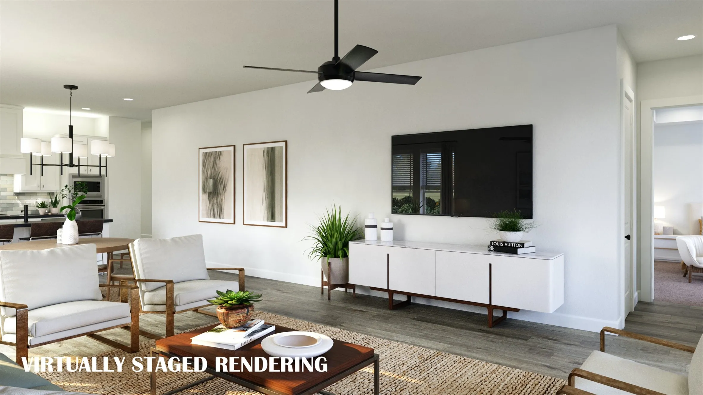 With the family room open to the kitchen-dining area, this home was designed for entertaining!  VIRTUALLY STAGED RENDERING