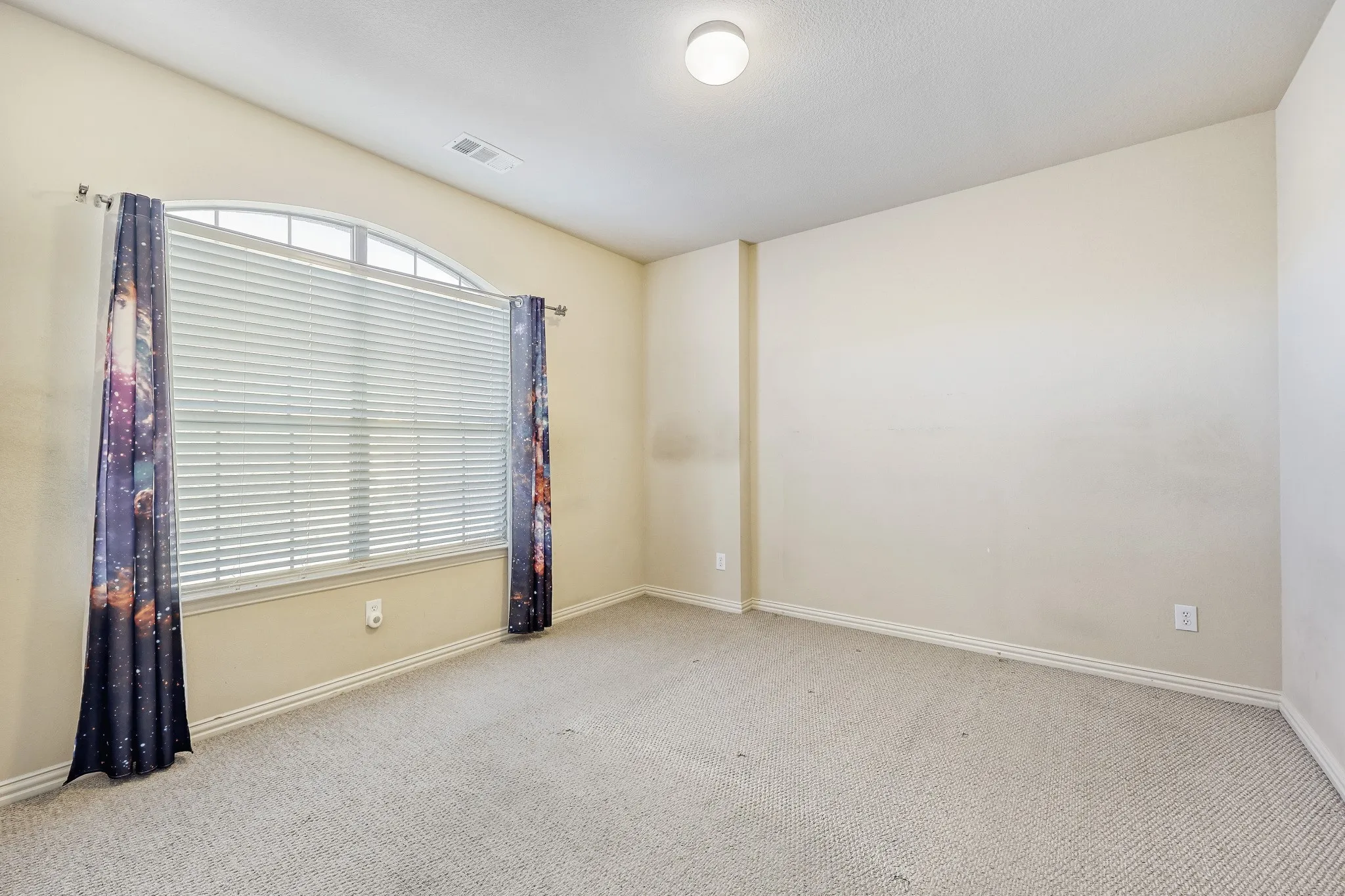 Arched window with blinds, vaulted ceiling, and neutral carpet flooring