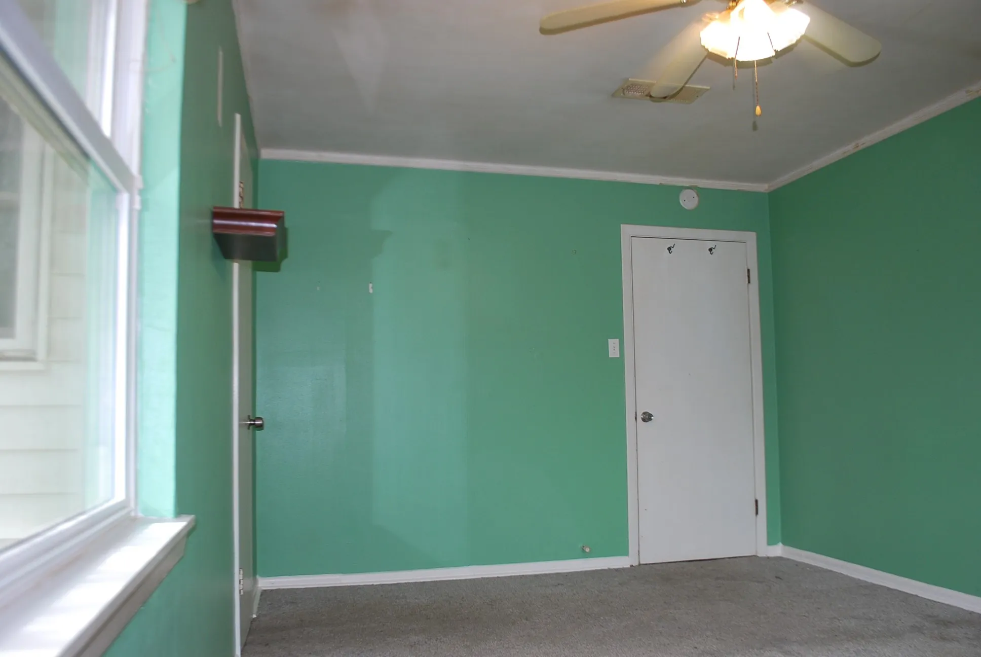 Carpeted flooring, white trim, ceiling fan light fixture, white interior door, and window