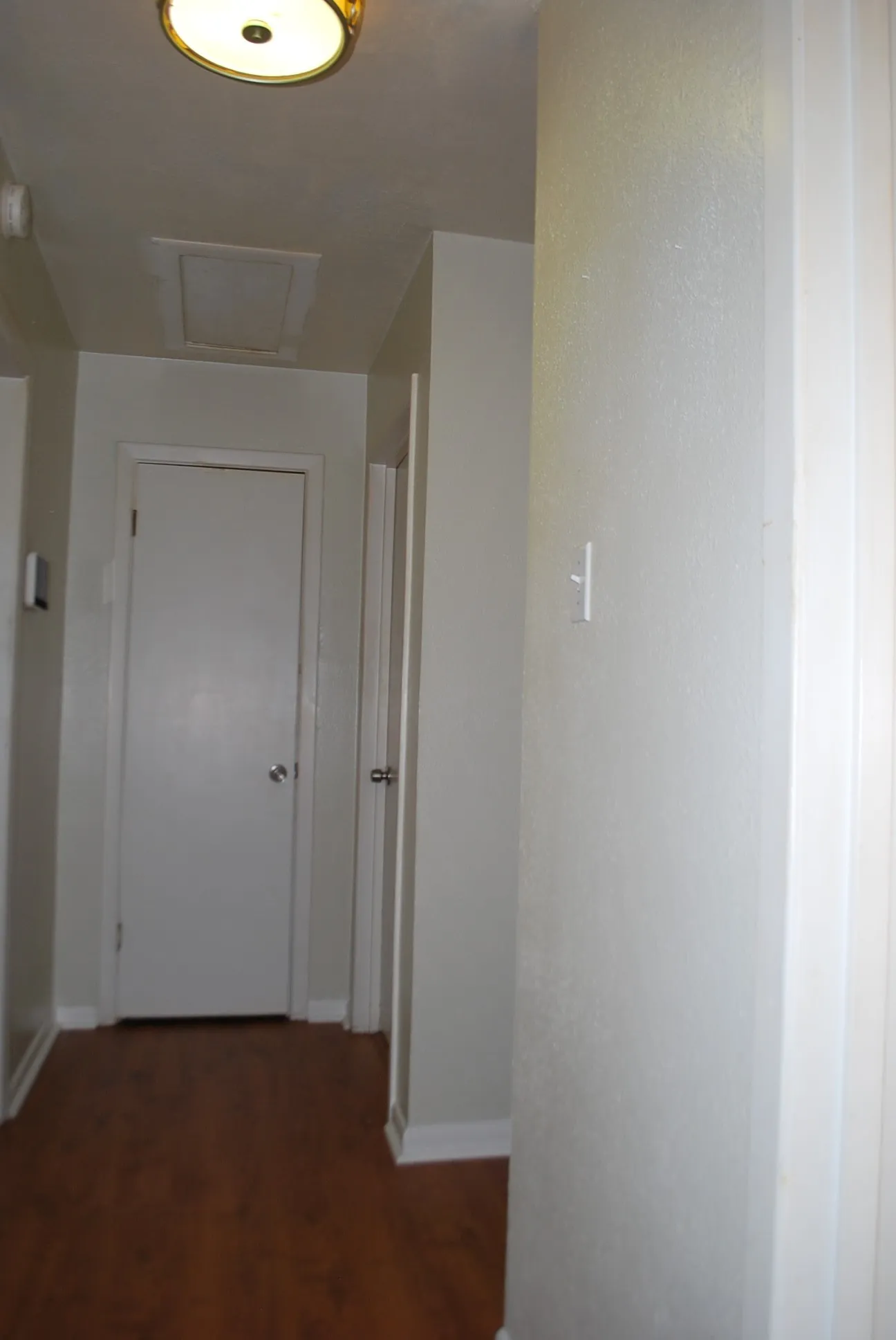 Wood-finish flooring with white trim and a ceiling-mounted light fixture