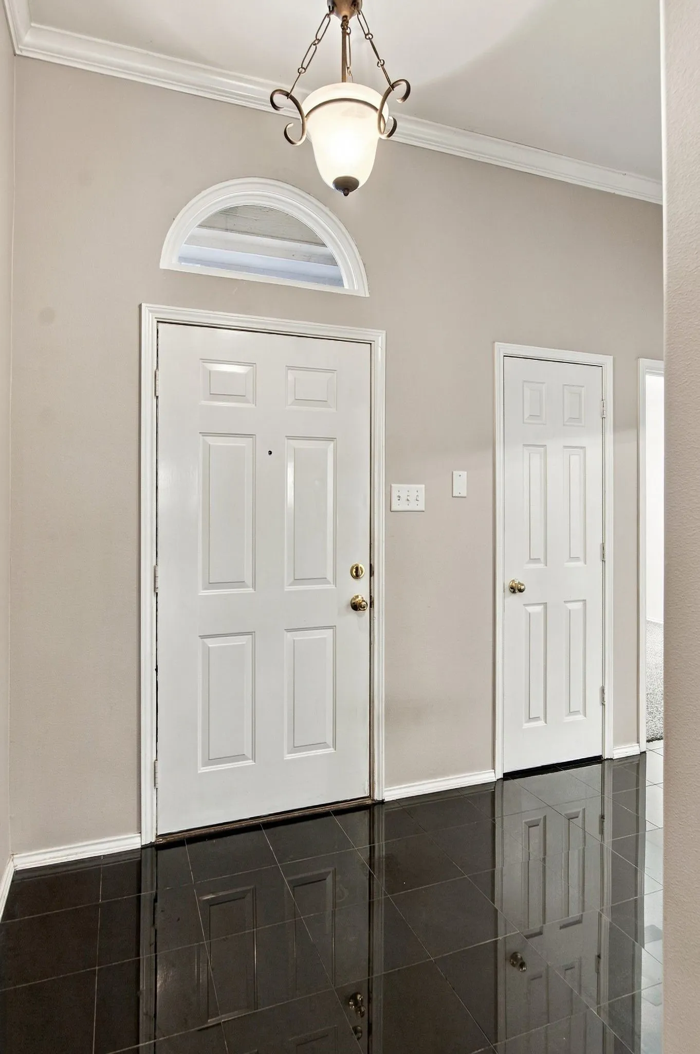 Arched transom window above a paneled door, complemented by crown molding and a hanging light fixture