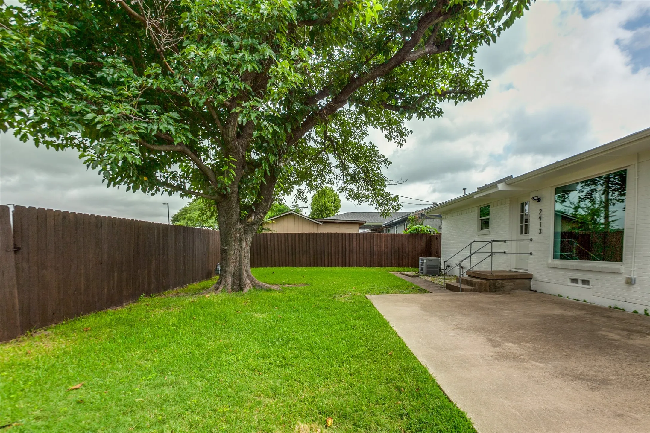 Backyard with large tree and cement patio