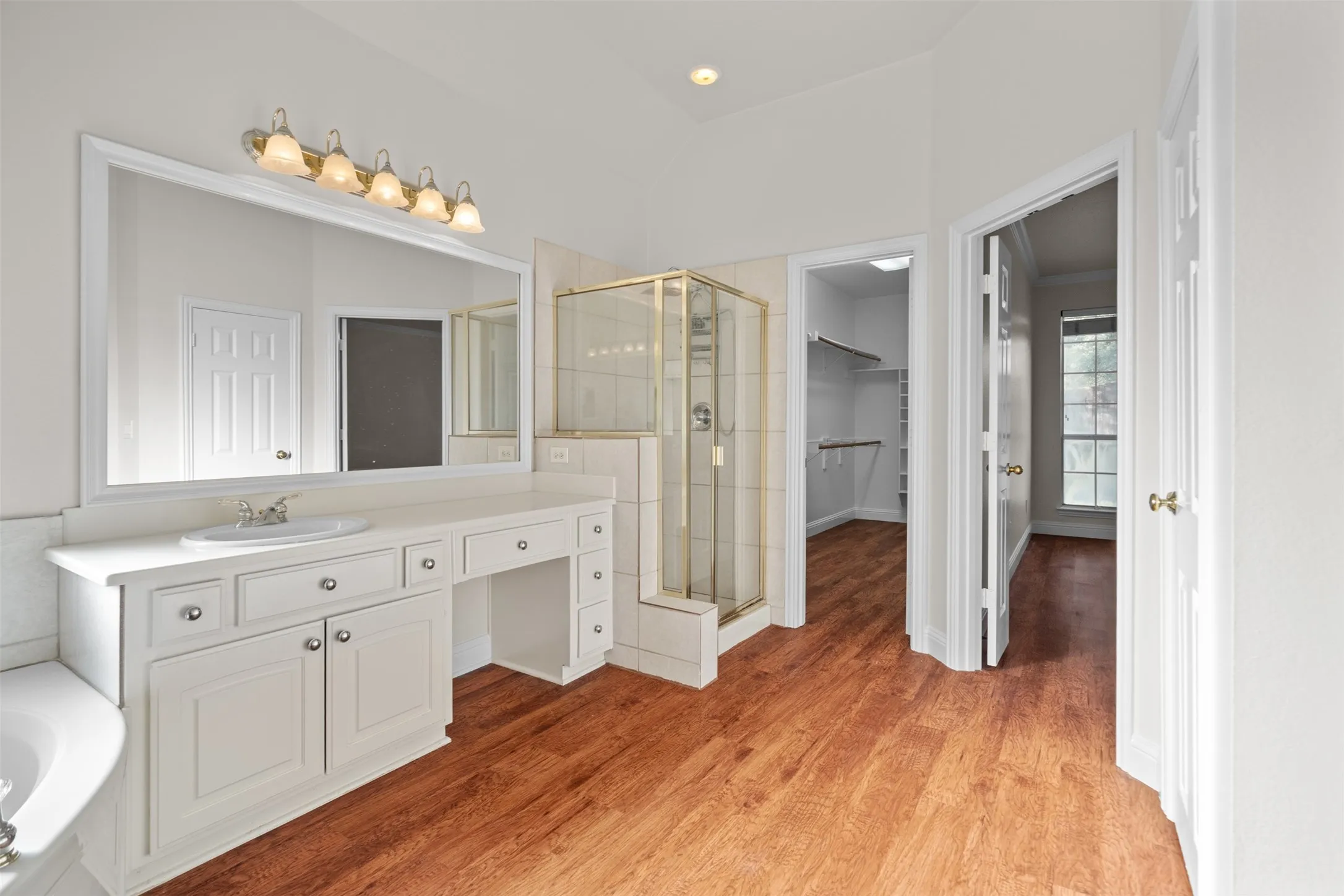 Wood-finish flooring with a vanity featuring a single basin and ample counter space