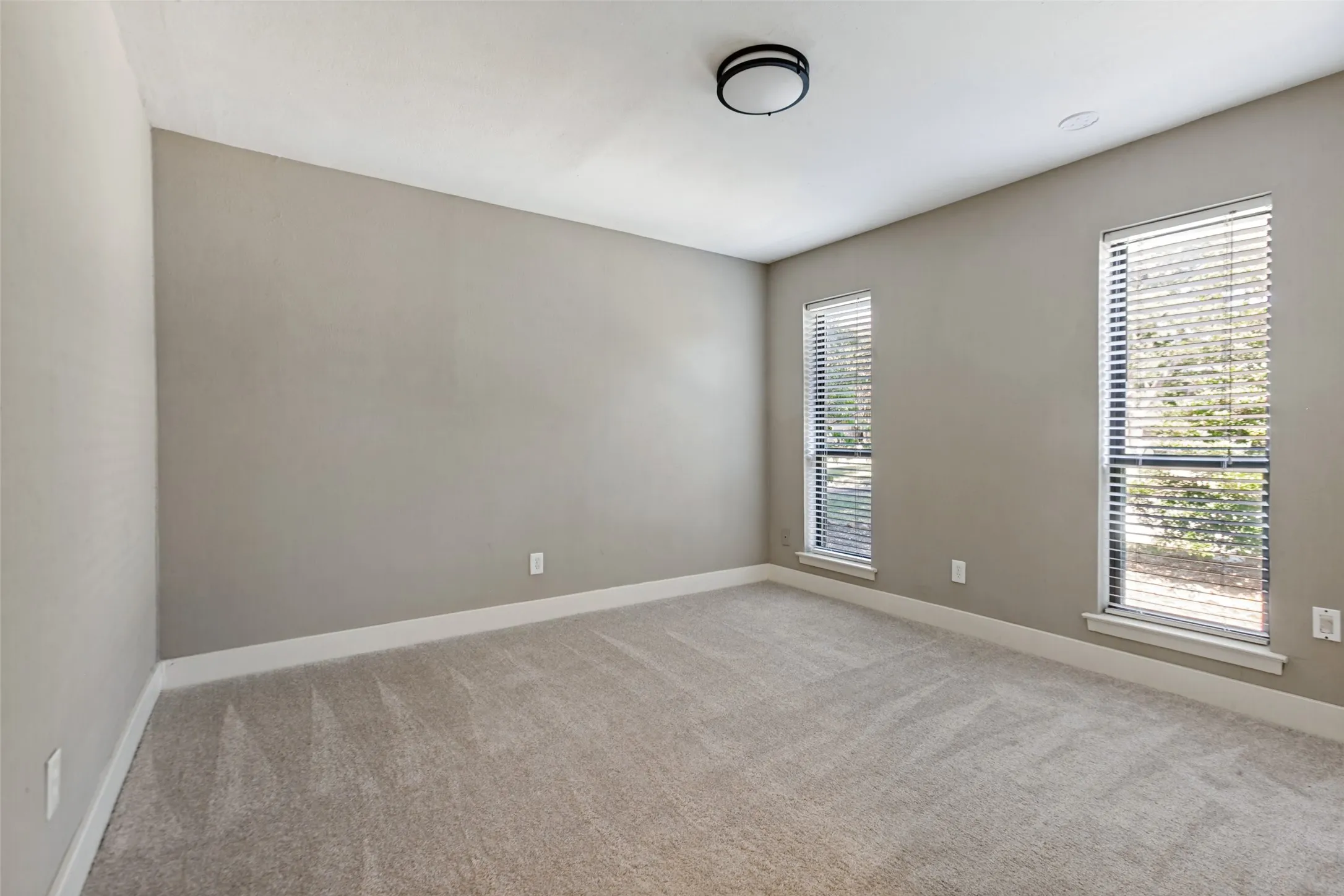Neutral-toned walls, carpet flooring, two vertical windows with blinds, and a flush-mount ceiling light