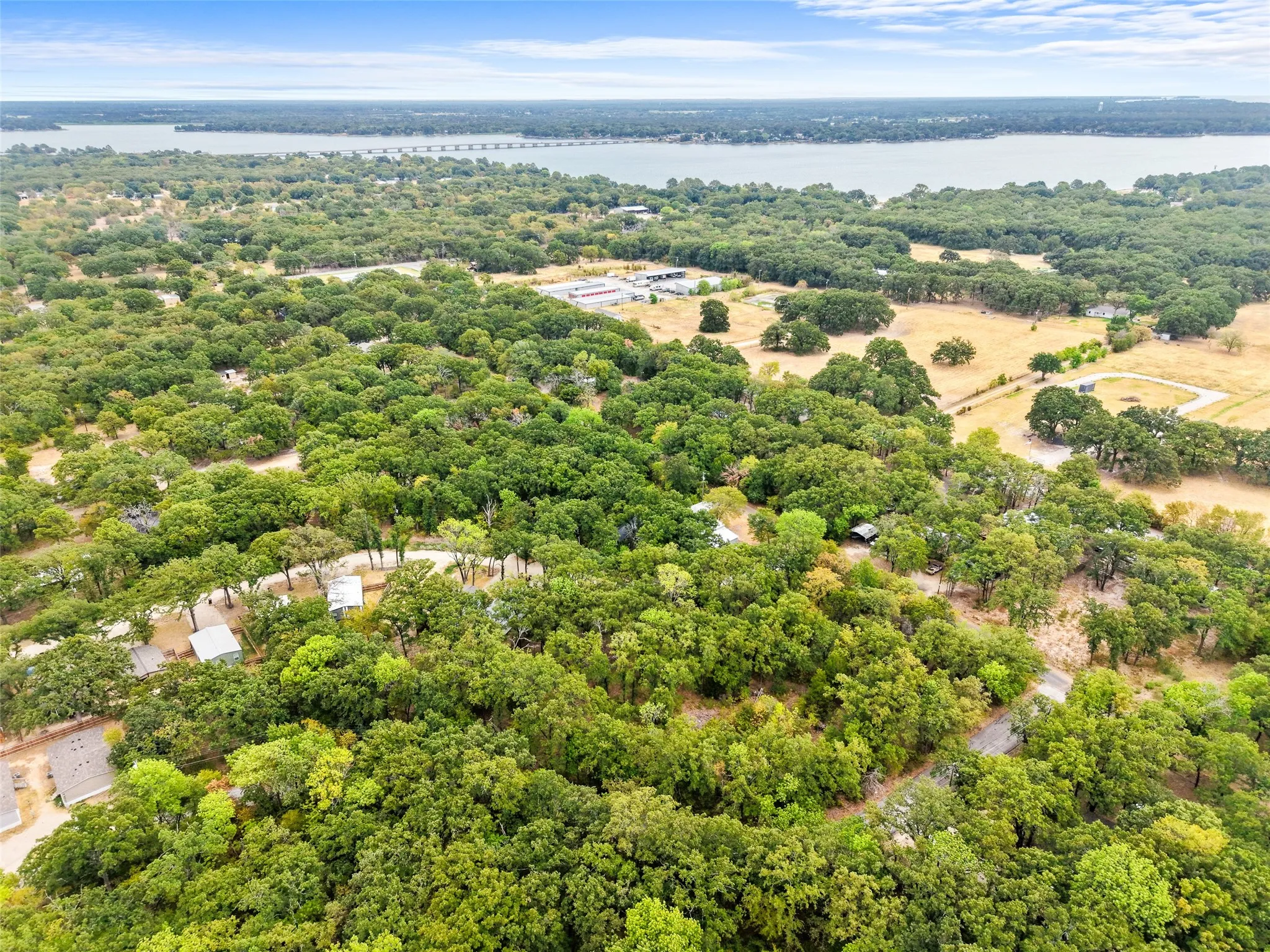 Expansive natural landscape featuring dense tree coverage, open fields, and distant water body