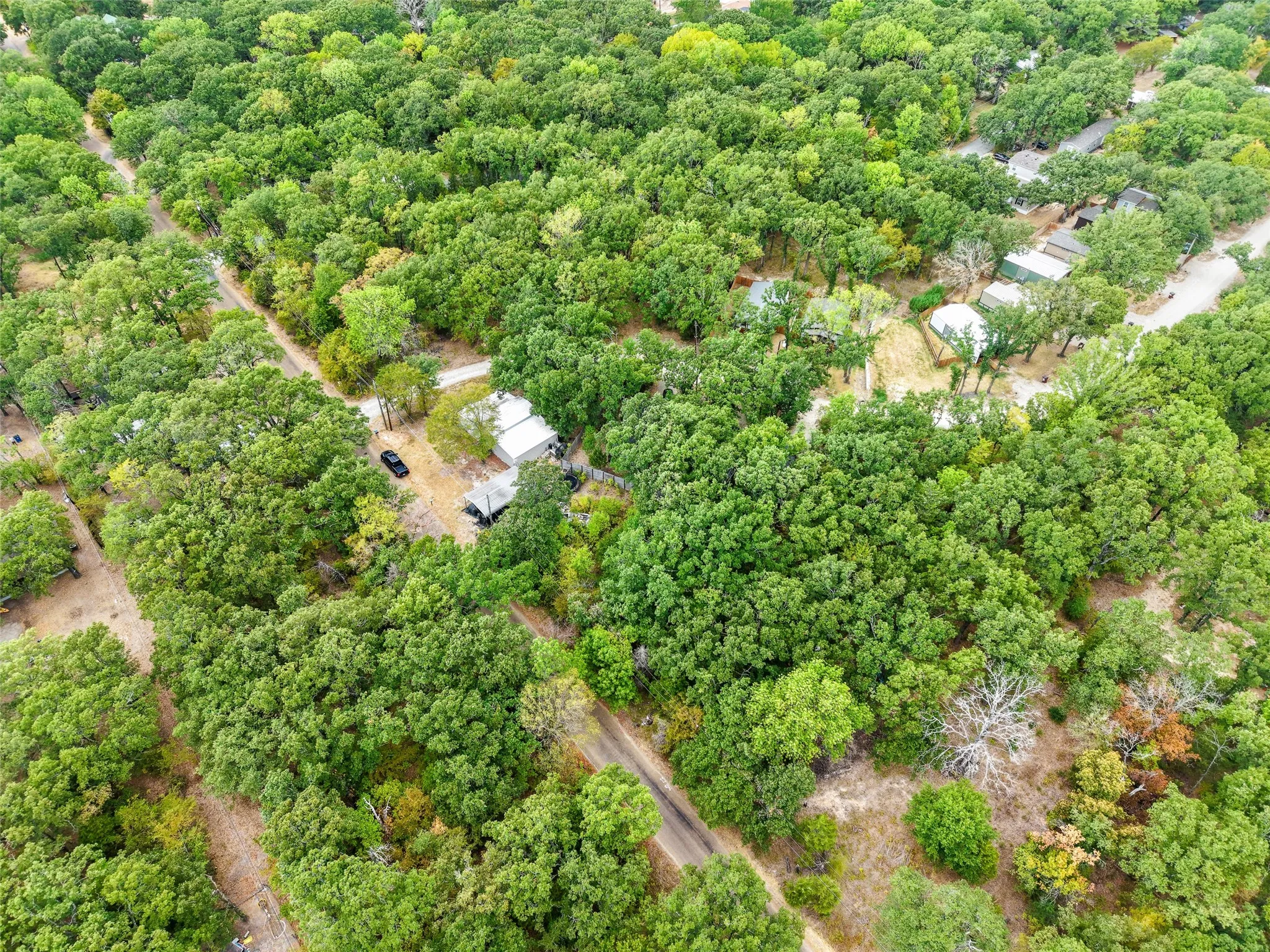 Wooded land with established structures and mature trees