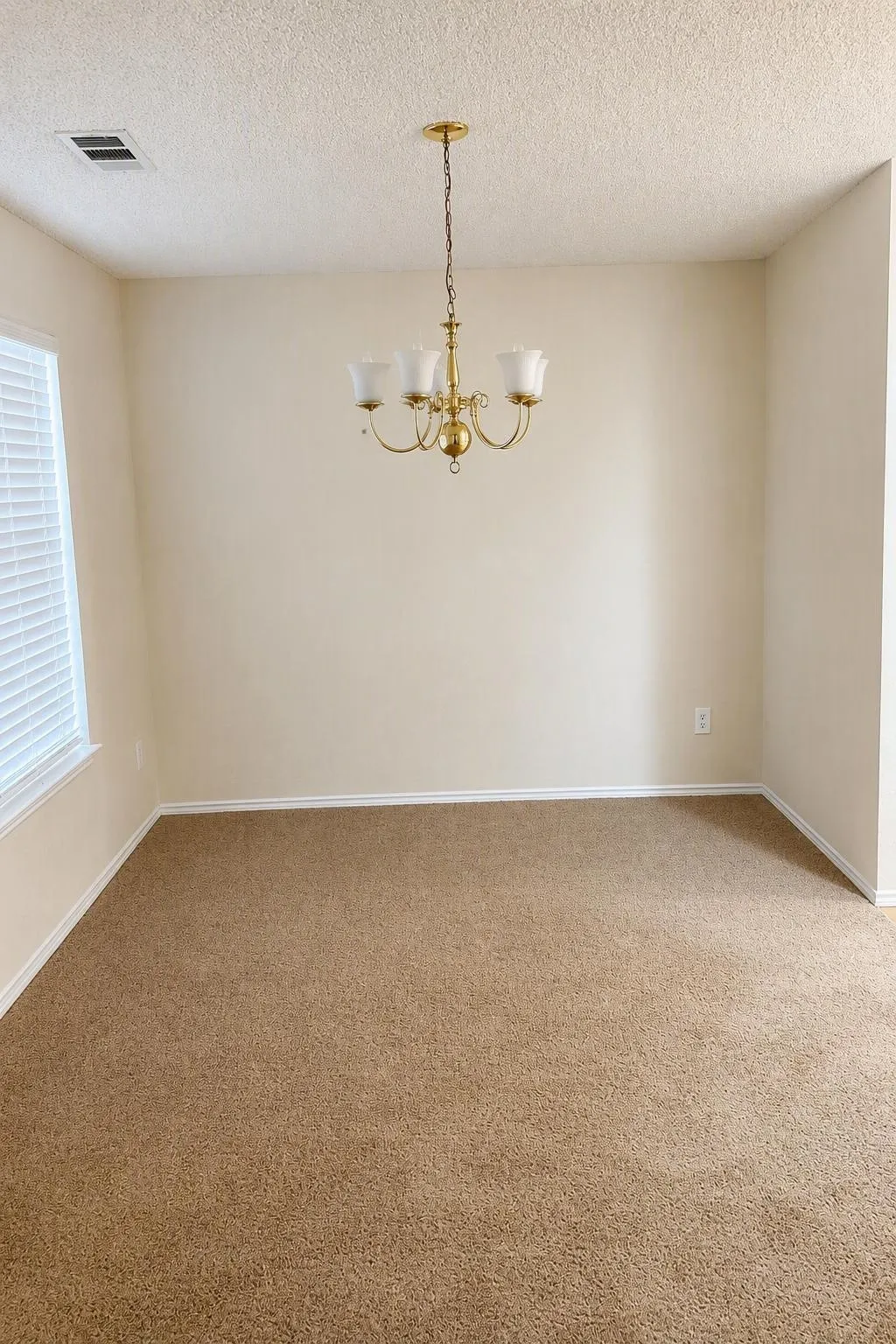 Ceiling-mounted chandelier with four frosted glass shades, textured ceiling, light-toned walls, and neutral carpeting