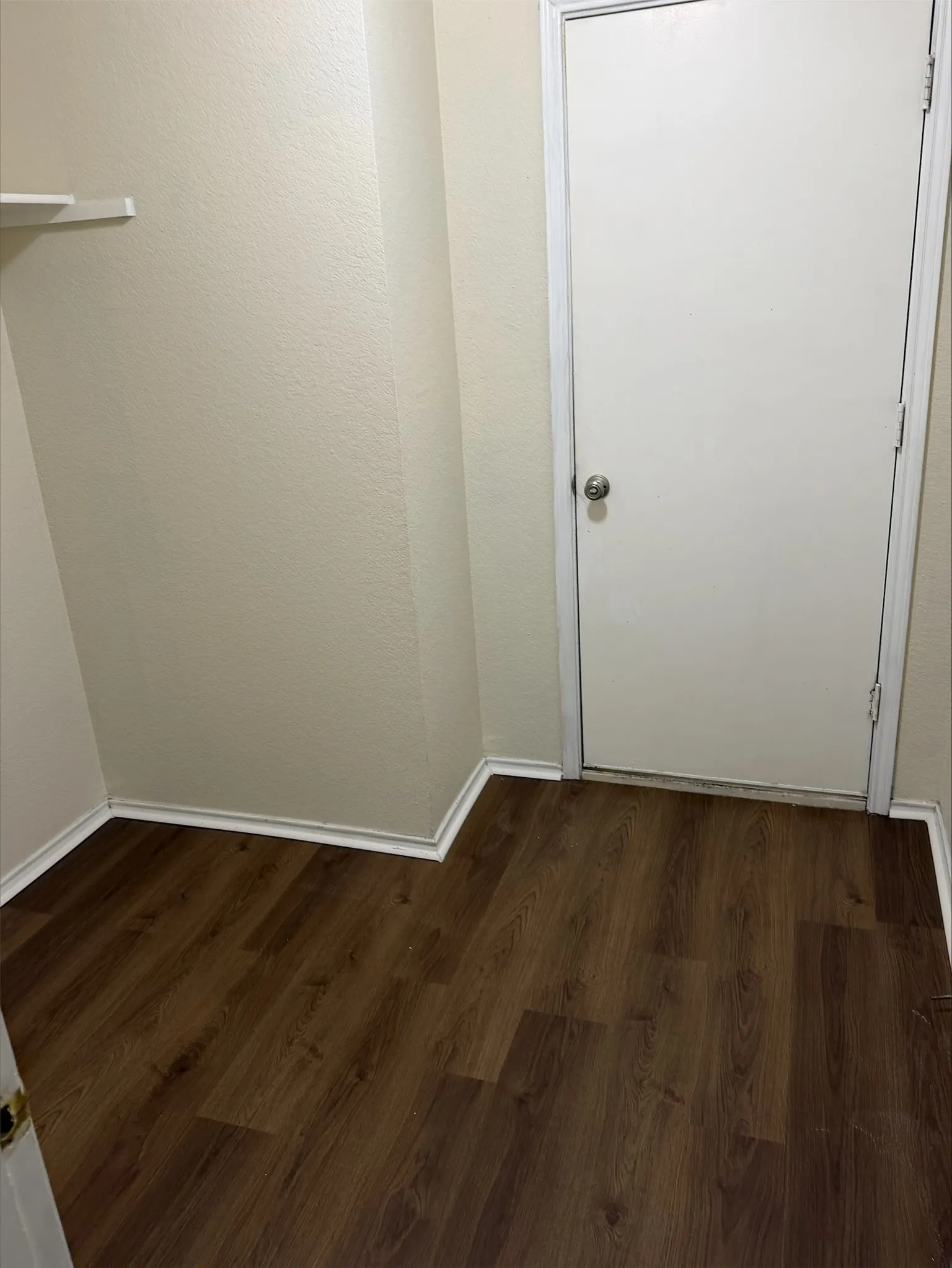 Wood-finish flooring with white trim, a single floating shelf, and a white interior door