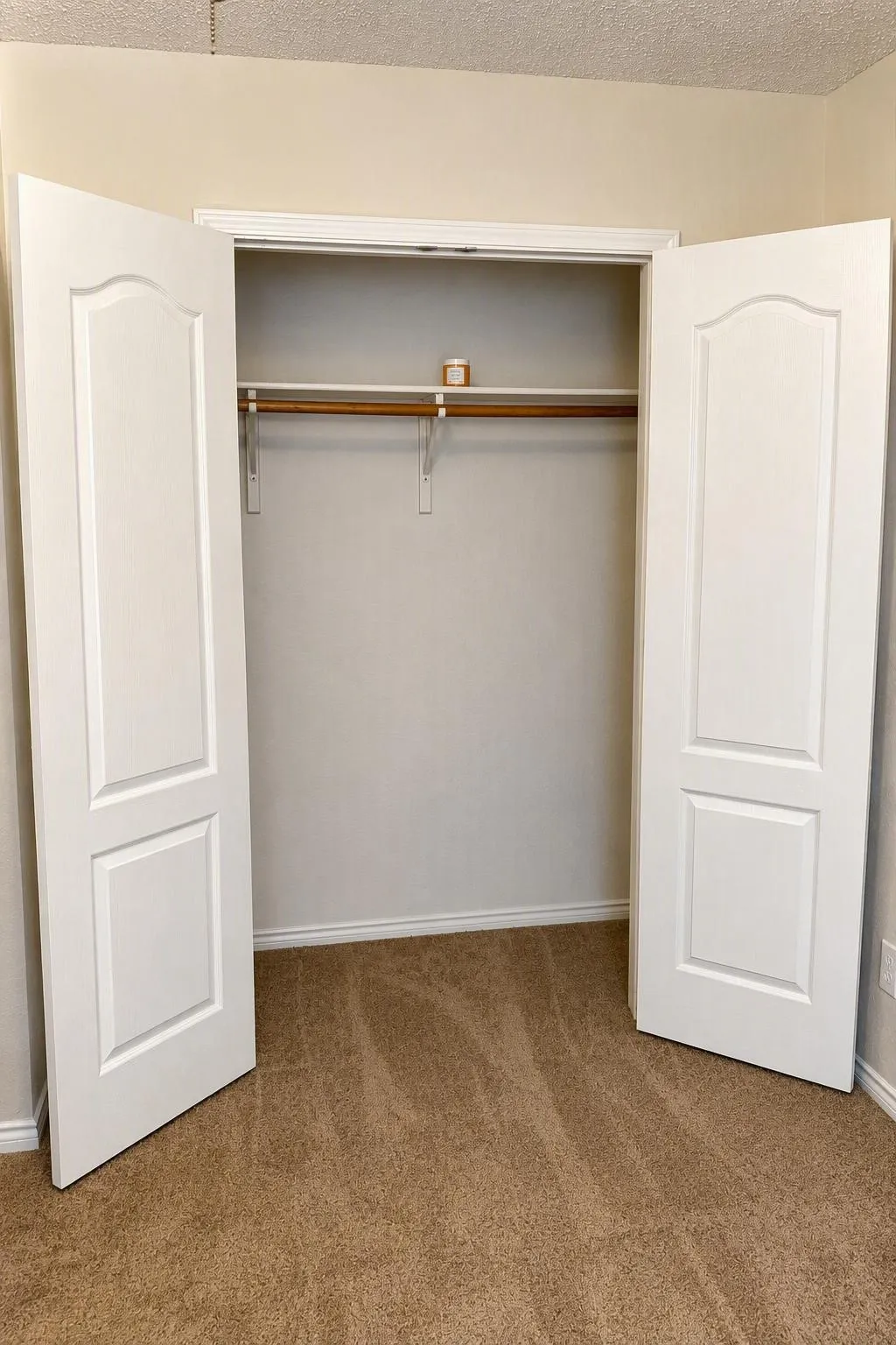 Two-panel interior doors opening to an organized closet space with a built-in rod