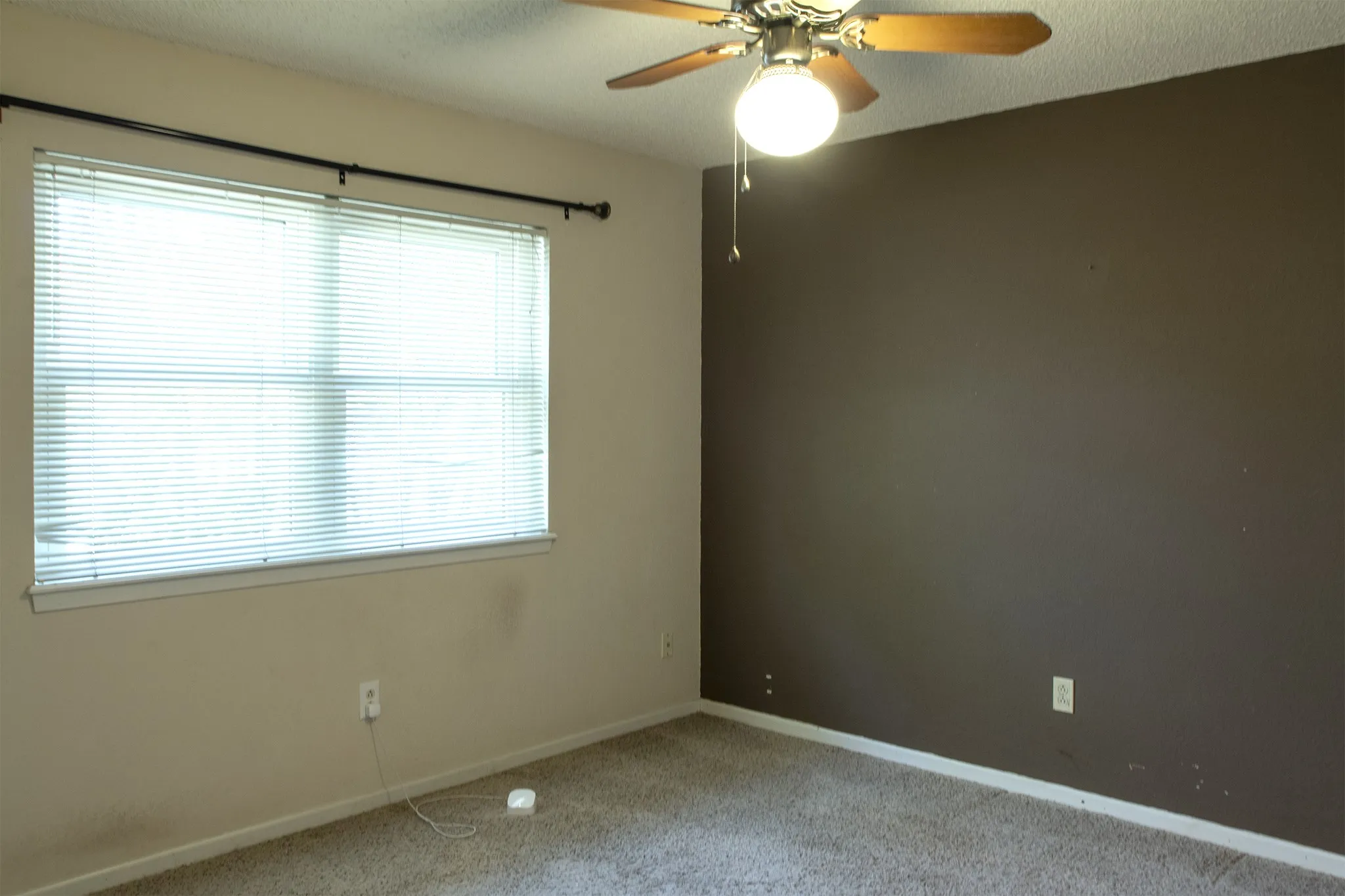 Window with blinds, wood-finish ceiling fan with integrated lighting, and neutral-toned carpeting