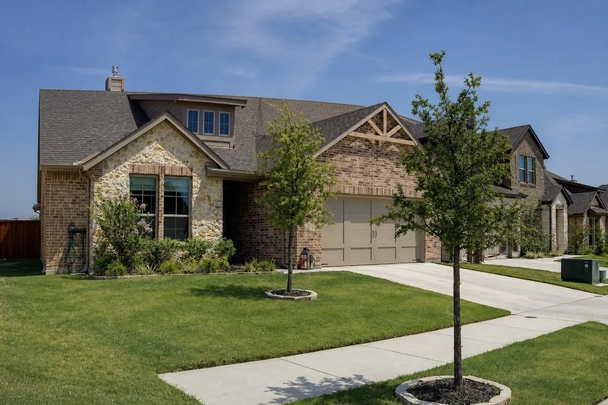 Brick and stone facade, gabled roofline, two-car garage, concrete driveway, and established front landscaping