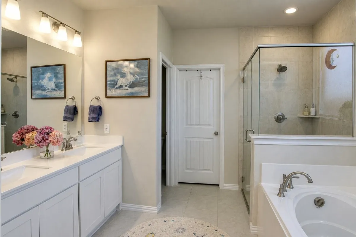 Dual vanity with white cabinetry and integrated sinks, walk-in shower with glass enclosure and tiled walls, separate soaking tub with brushed nickel fixtures, tiled flooring, and recessed ceiling lighting