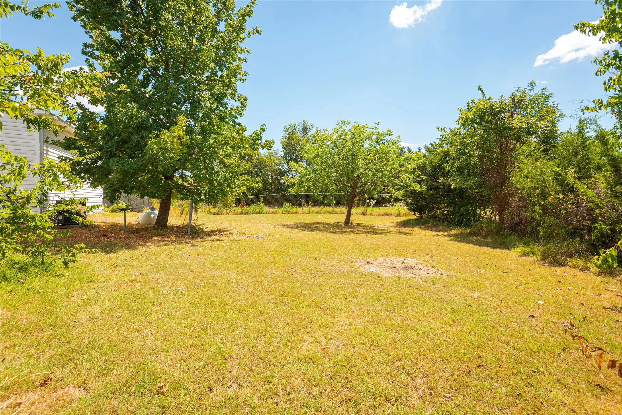 Expansive grassy yard area with mature trees and perimeter fencing