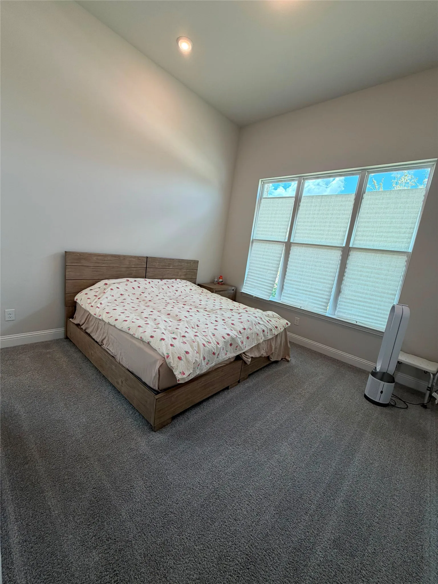 Vaulted ceiling, recessed lighting, large windows, cellular window shades, and wall-to-wall carpeting