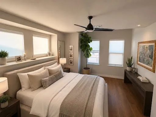Wood-finish flooring, recessed lighting, and a ceiling fan with light fixture