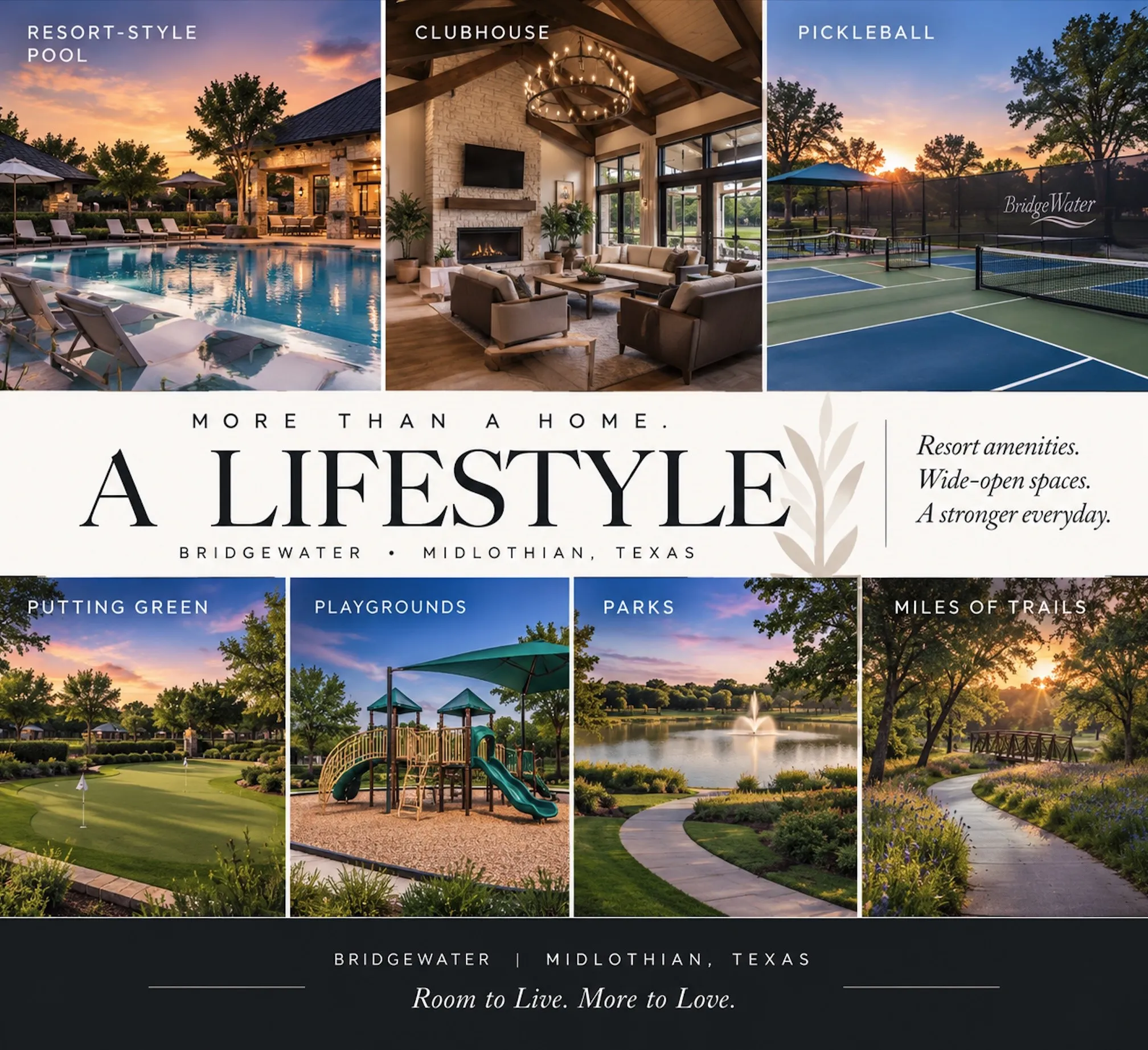 Bridgewater offers walking and biking trails, a resort-style pool, pavilion, amphitheater, parks, and natural water features in a master-planned Ellis County setting.