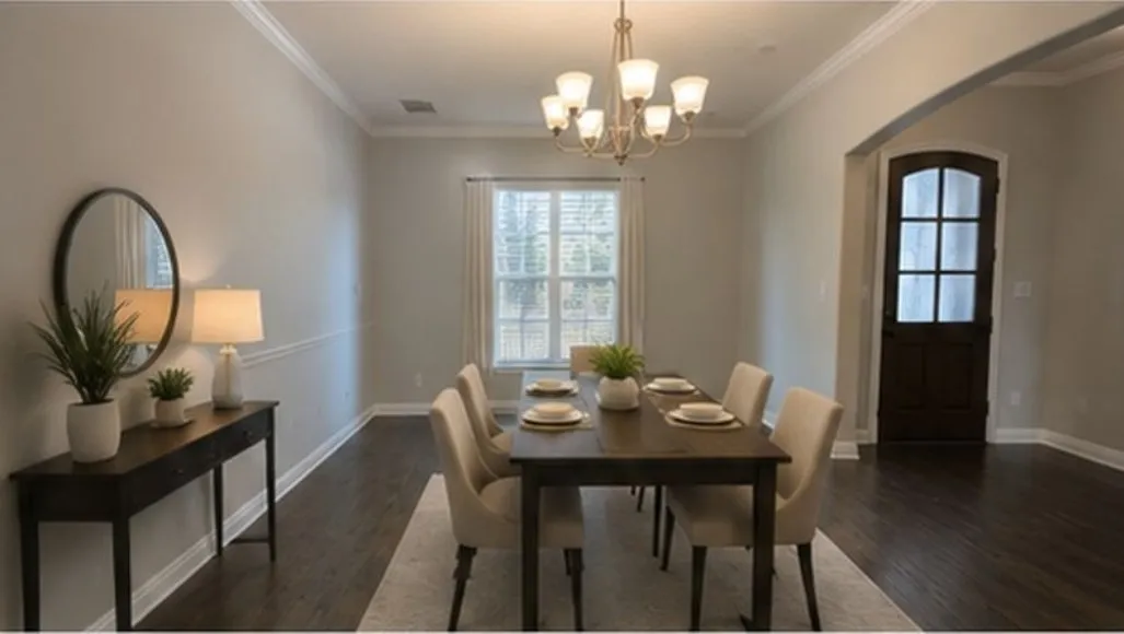 Dark wood-finish flooring, white crown molding, chair rail detailing, recessed window, and an arched entryway with a dark wood paneled door