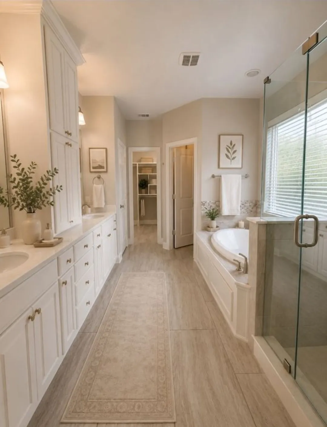 Dual vanity with white cabinetry, tile flooring, built-in soaking tub, and glass-enclosed shower