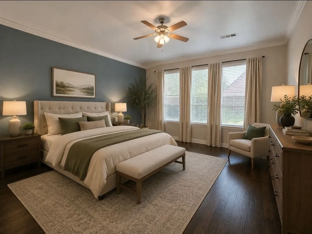 Dark wood-finish flooring with crown molding and a ceiling fan